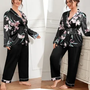 Plus Size Women's Pajamas Set Floral Print Free Sleepwear Silk Like Homewear Elegant V Neck Nightwear with 4XL 5XL