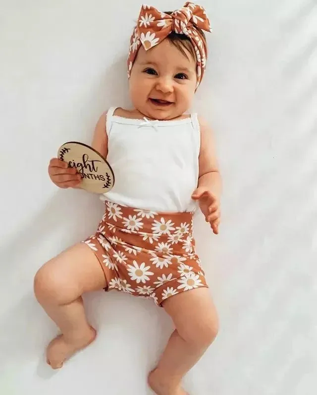 مجموعة اروين التجاريهARWEN&AJH GROUPSummer Baby Girl Children's Clothing Set Sleeveless Jumpsuit Top Printed Shorts Headband 3-Piece