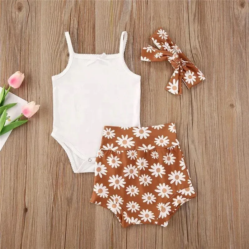 مجموعة اروين التجاريهARWEN&AJH GROUPSummer Baby Girl Children's Clothing Set Sleeveless Jumpsuit Top Printed Shorts Headband 3-Piece