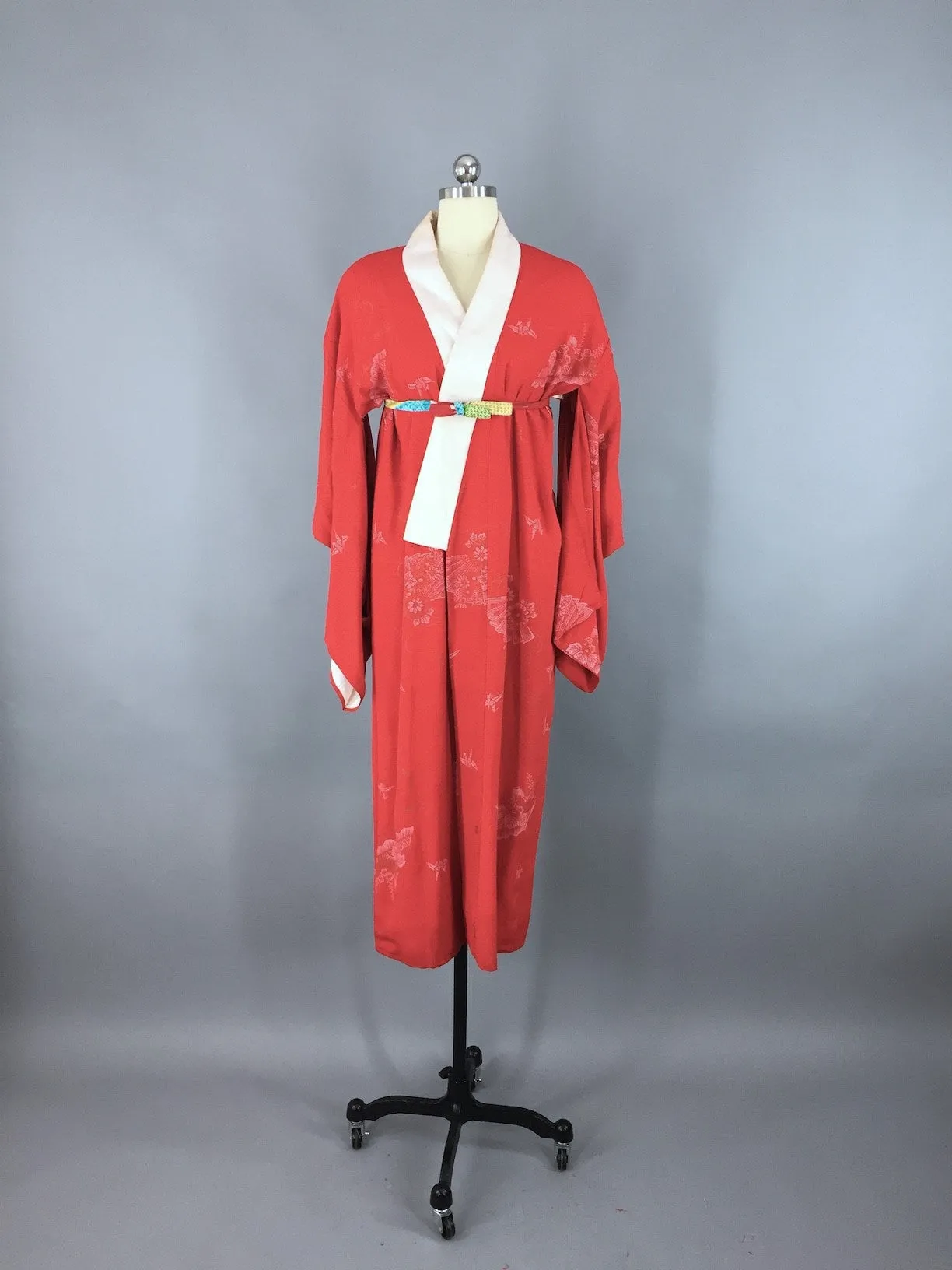 1920s Vintage Silk Kimono Robe / Red Origami Juban