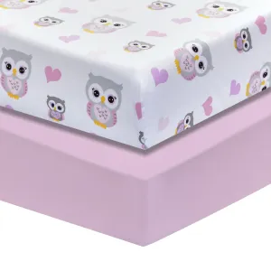 2 Pack Fitted Girls Crib Sheet - Owls/Pink