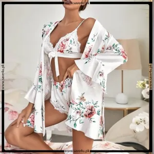 3 Pcs Silky Printed Honey-moon Lingerie