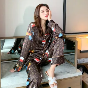 Autumn Women's pajamas set Poker Pattern Sleepwear Brown Color Long-sleeved Silk Like Nightie Luxury Home Clothes Nightwear Set