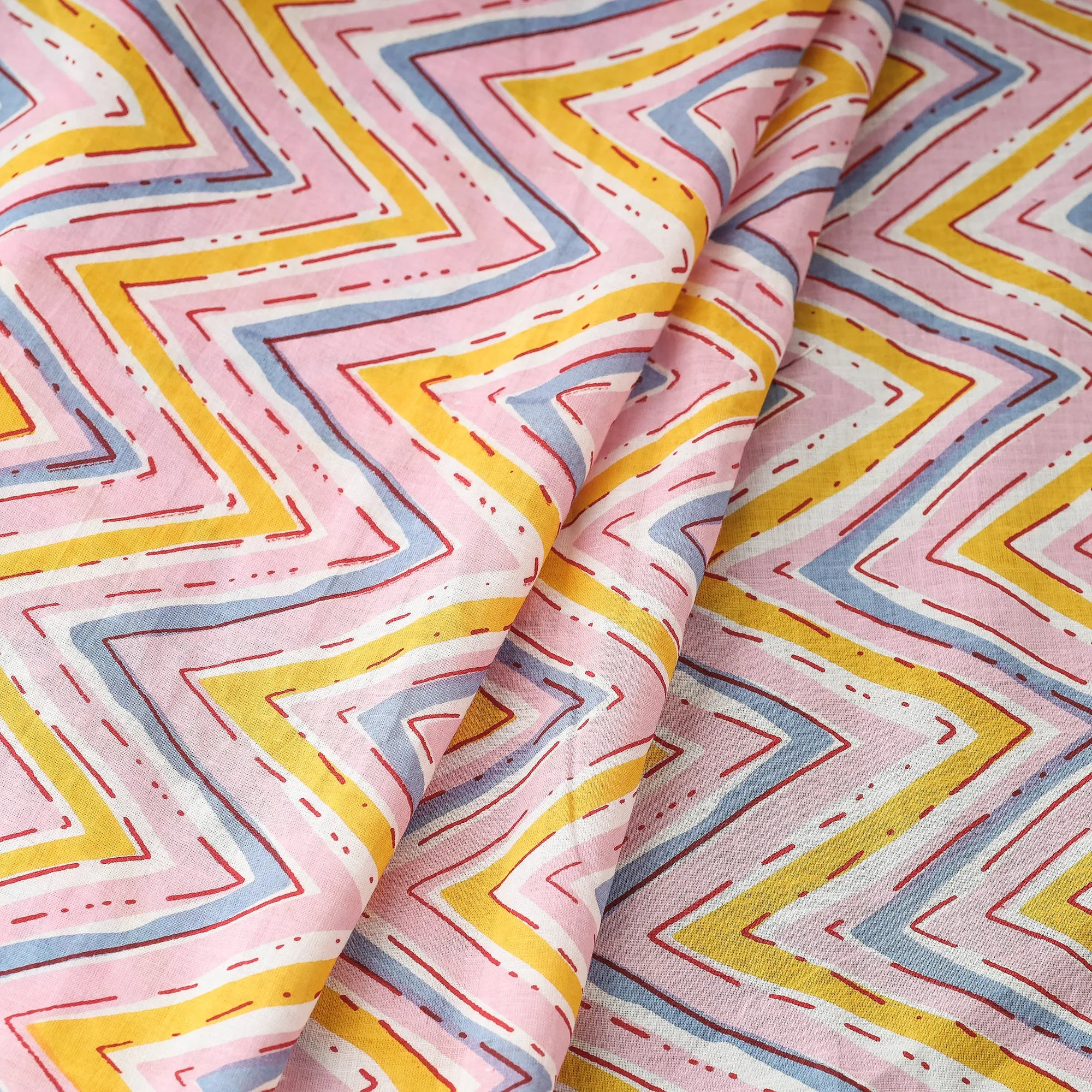 Baby Pink Chevron Sanganeri Block Printed Cotton Fabric