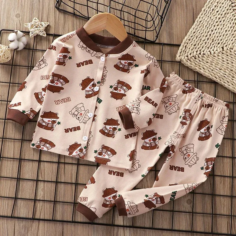 Children's Boys Girls Sleepwear Cardigan Pajamas Korean Version Single Breasted Home Suit Set