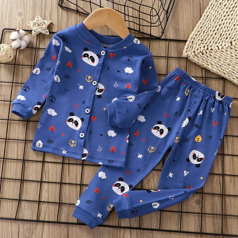 Children's Boys Girls Sleepwear Cardigan Pajamas Korean Version Single Breasted Home Suit Set