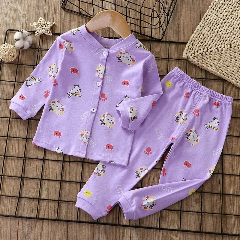 Children's Boys Girls Sleepwear Cardigan Pajamas Korean Version Single Breasted Home Suit Set