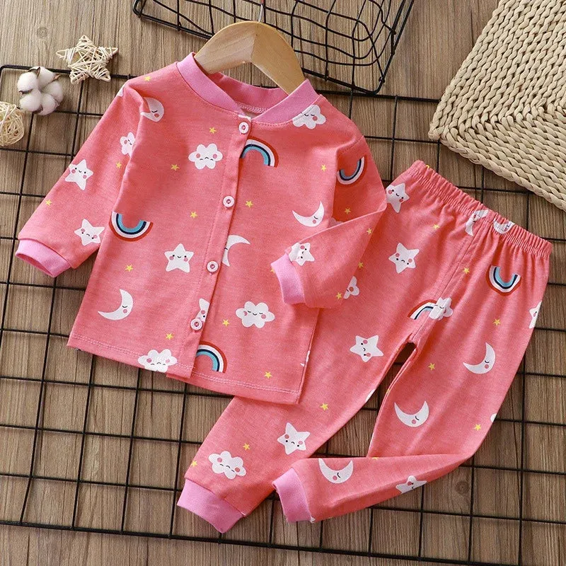 Children's Boys Girls Sleepwear Cardigan Pajamas Korean Version Single Breasted Home Suit Set