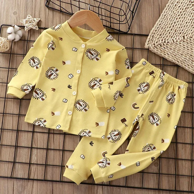 Children's Boys Girls Sleepwear Cardigan Pajamas Korean Version Single Breasted Home Suit Set