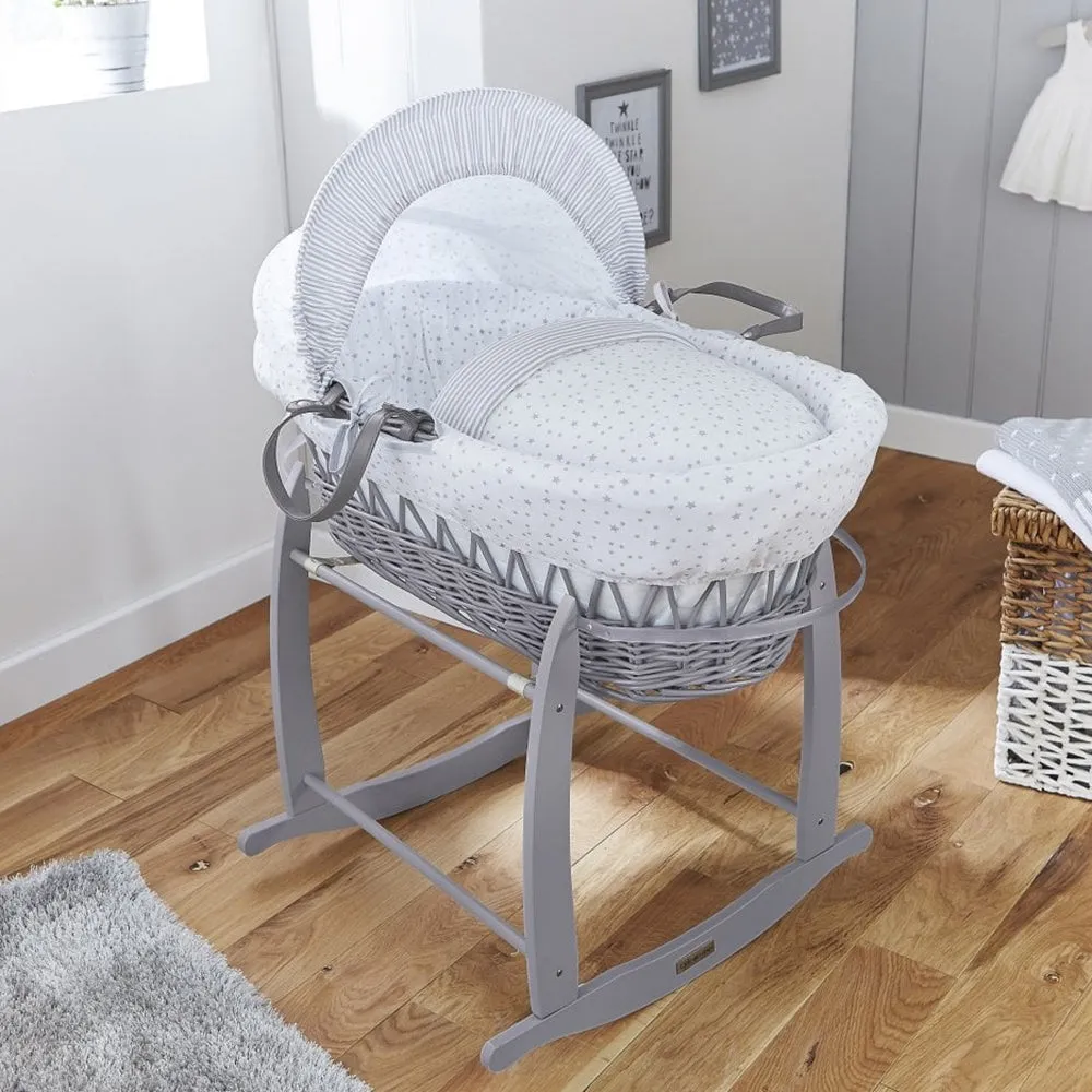 Clair de Lune Stars & Stripes Grey Wicker Moses Basket