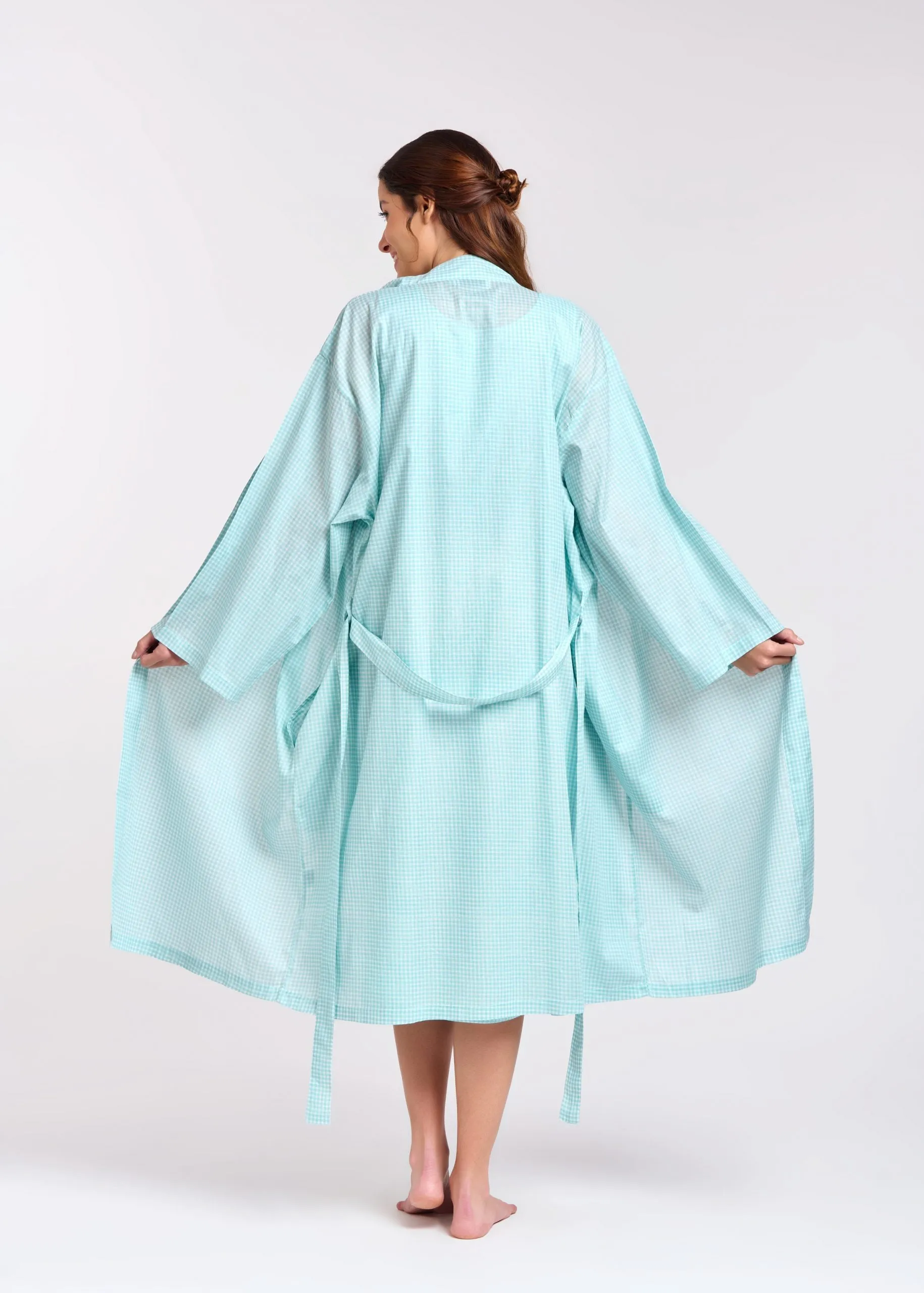 Cotton Gingham Print Robe Aqua