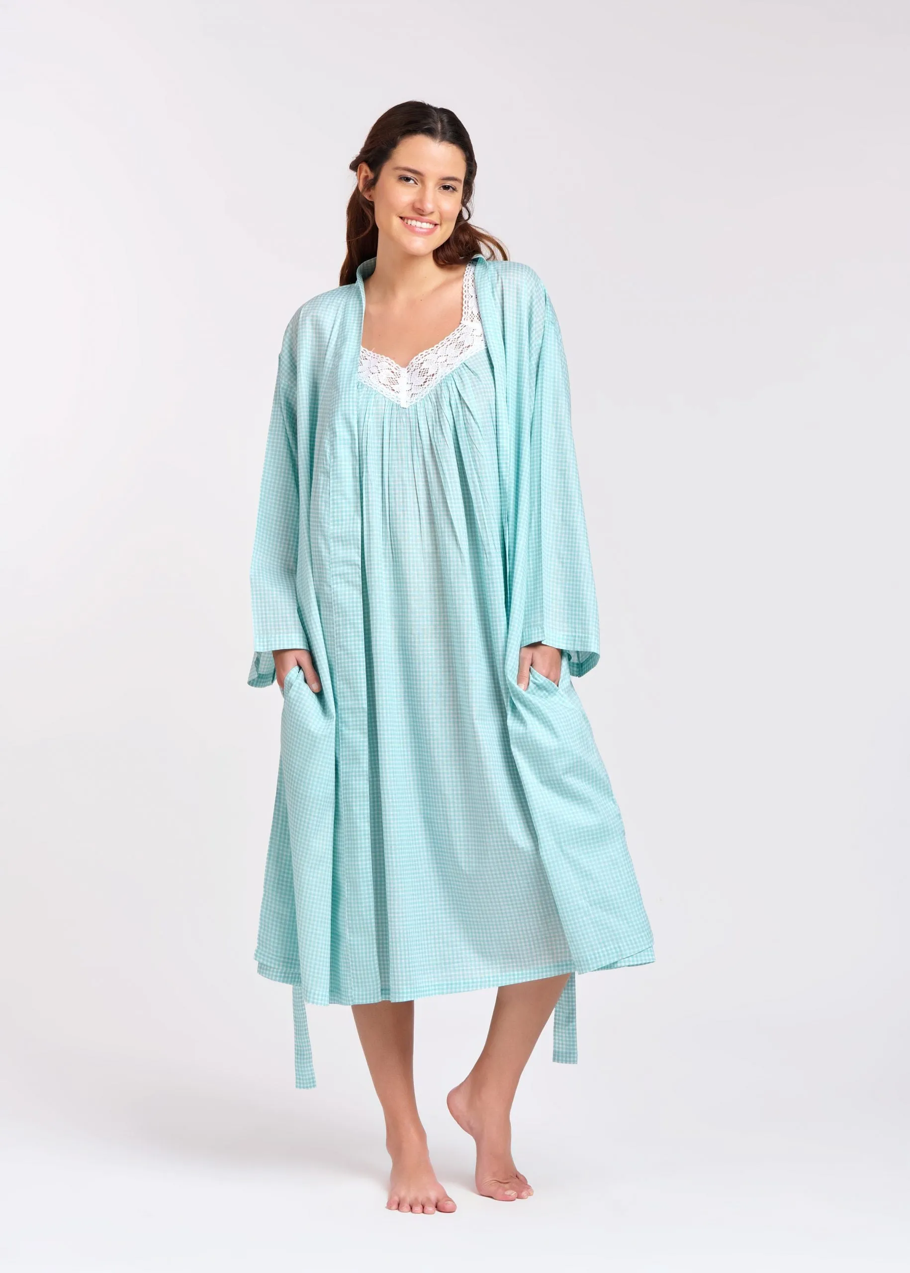 Cotton Gingham Print Robe Aqua