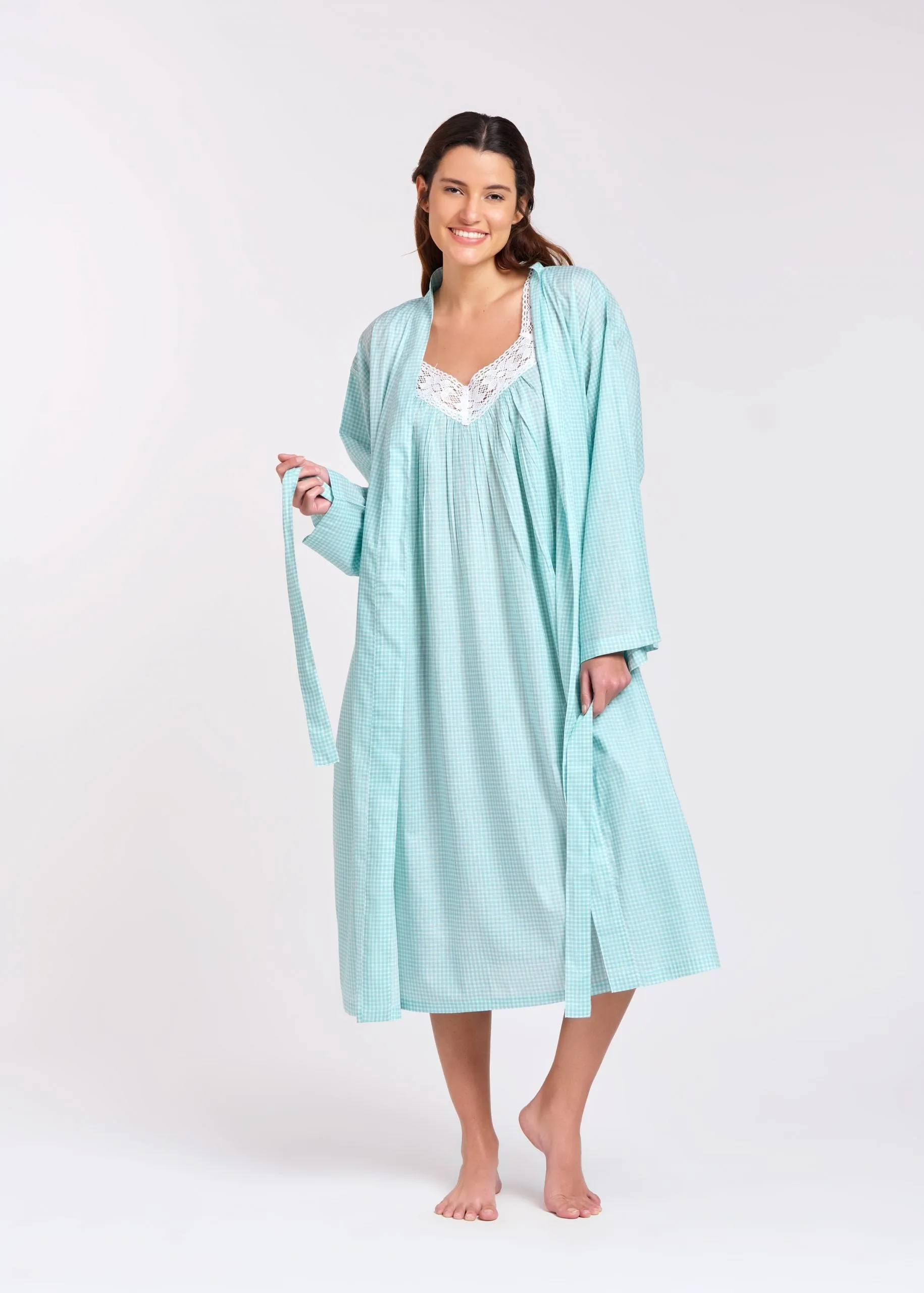 Cotton Gingham Print Robe Aqua