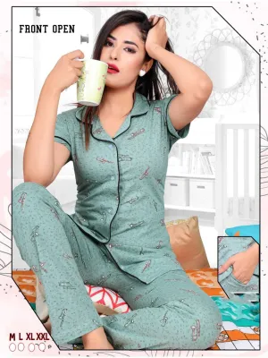 Cotton Pista Green Printed Collar Top Pyjama Sets Night Wear