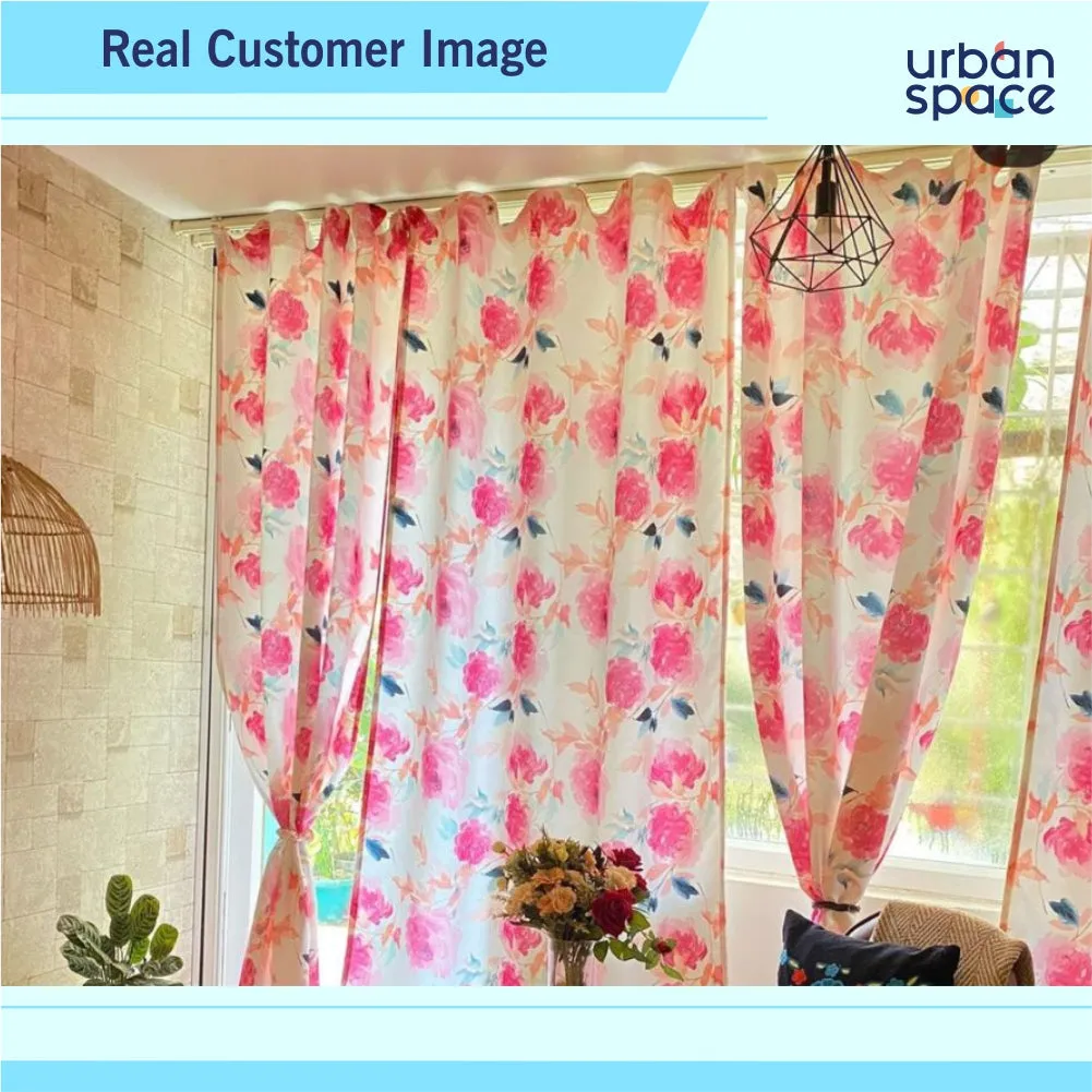 Digital Printed Curtain, Room darkening/Blackout Curtain, Curtain for french window, curtain for door, Pack of 2 Curtains, Floral Sketch Pink