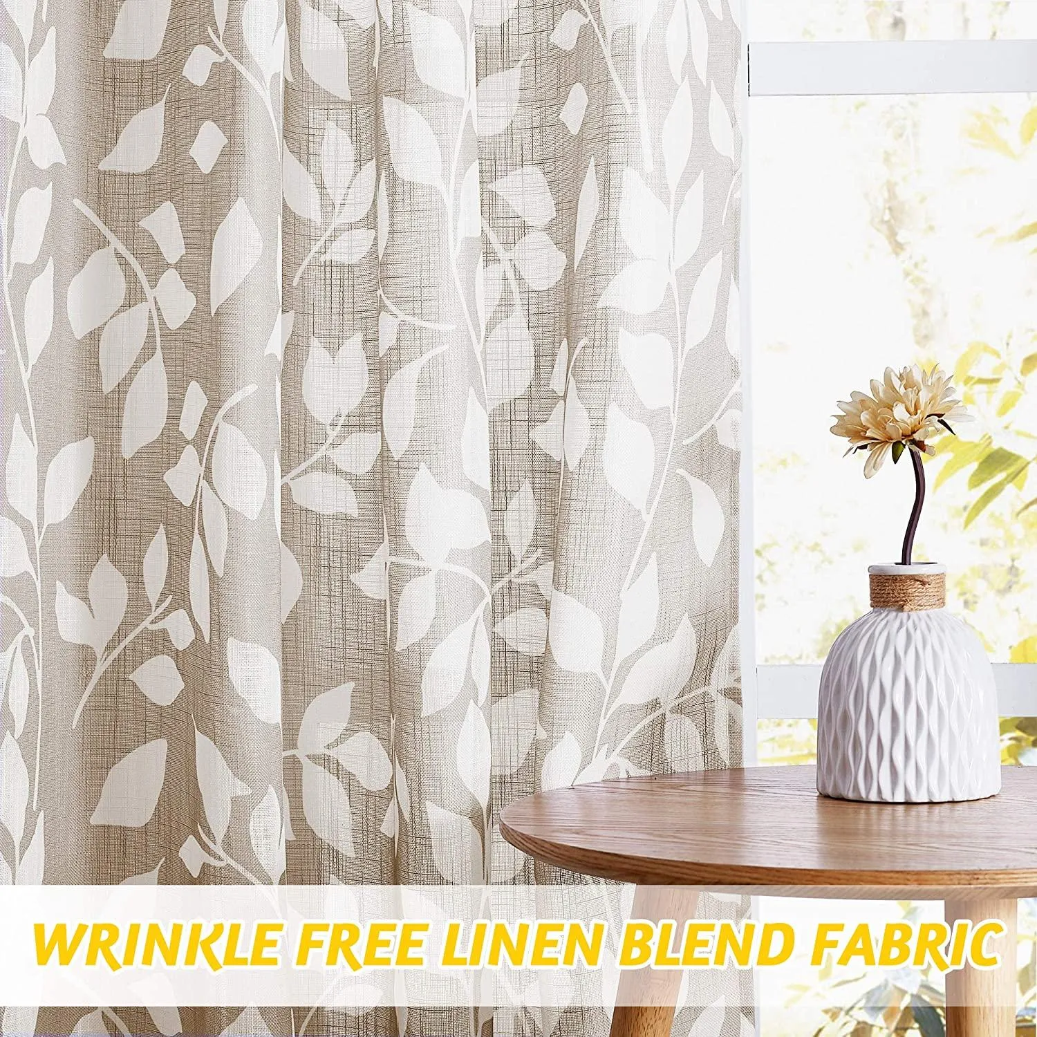 Digital Printed, Linen textured Sheer Curtain for Living Room , Curtain for Window/Door, Pack of 2 Curtains - Leaves Brown