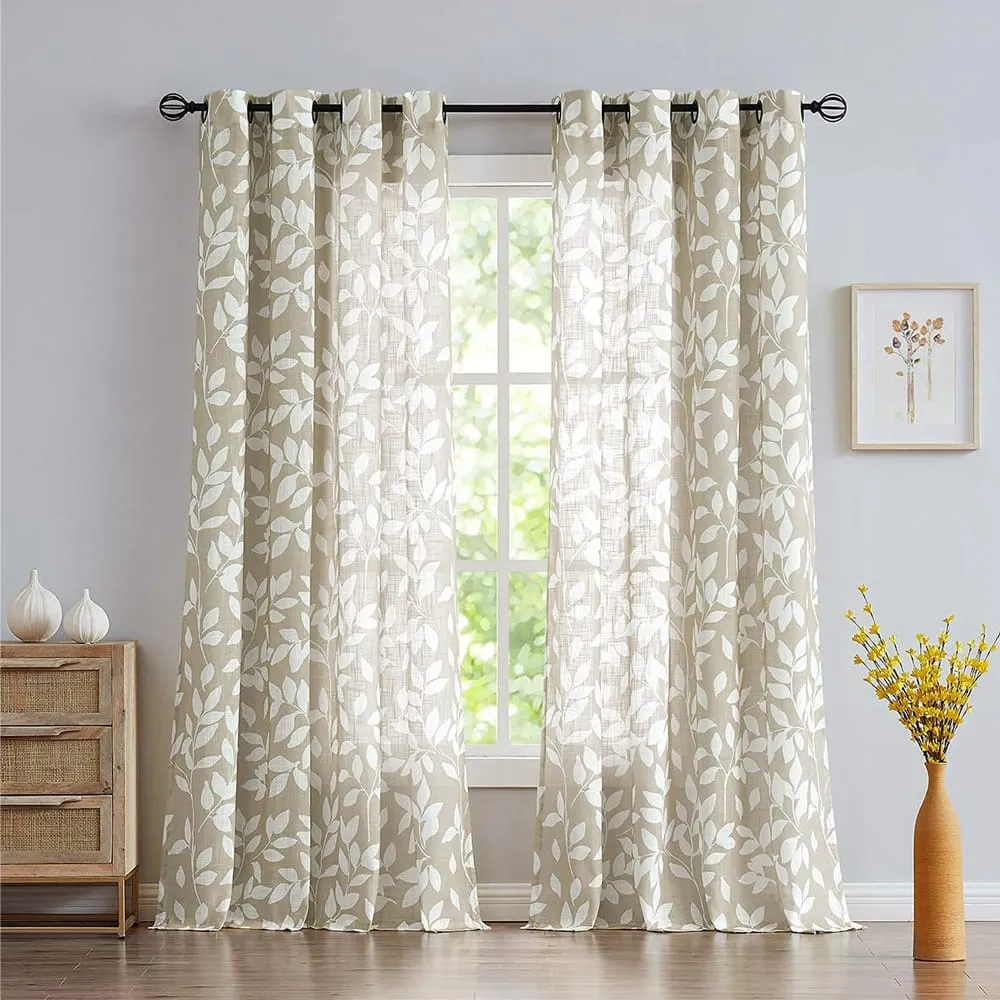 Digital Printed, Linen textured Sheer Curtain for Living Room , Curtain for Window/Door, Pack of 2 Curtains - Leaves Brown