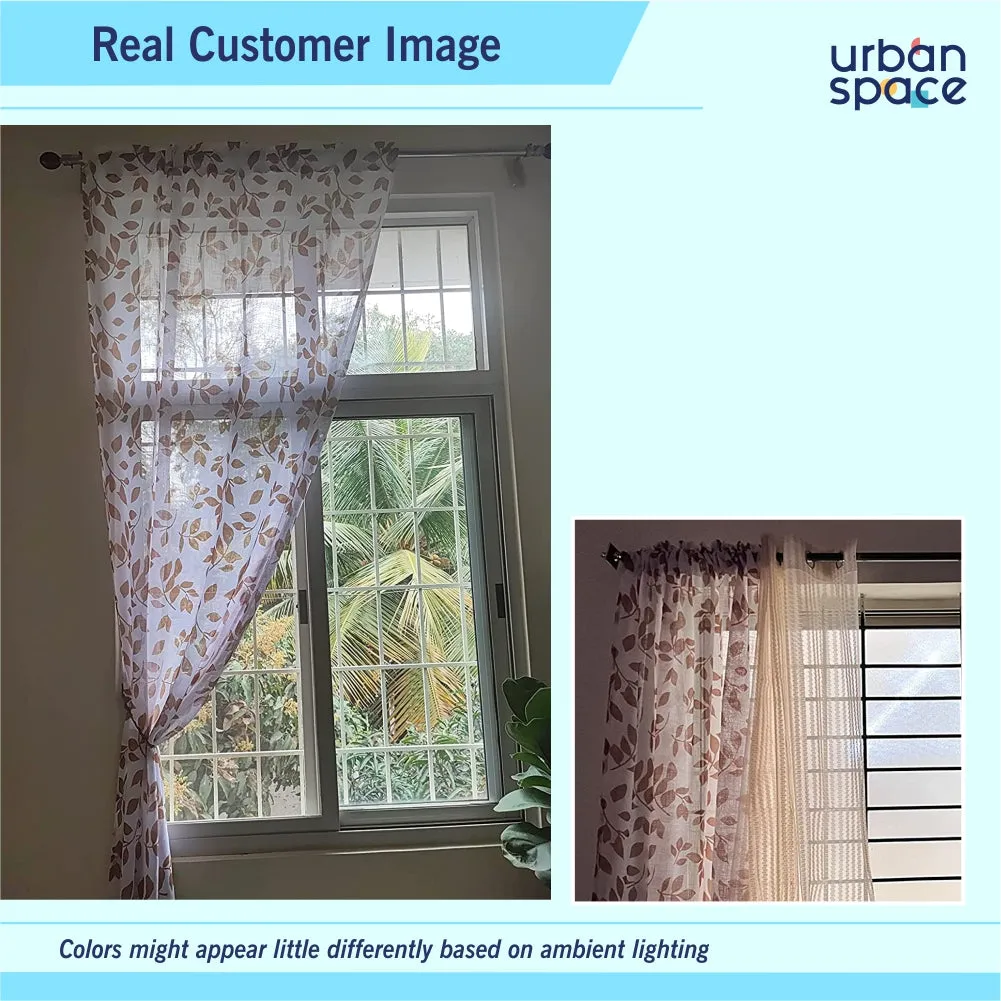 Digital Printed, Linen textured Sheer Curtain for Living Room , Curtain for Window/Door, Pack of 2 Curtains - Leaves Brown