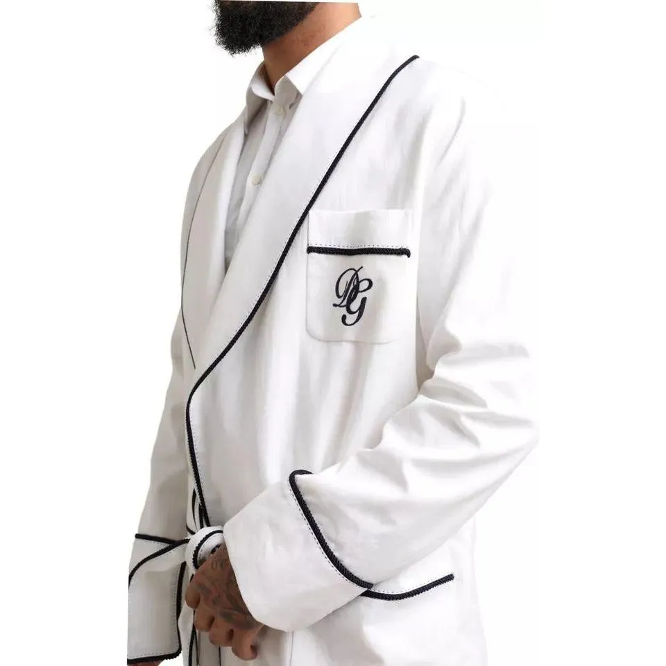 Dolce & Gabbana White Linen Belted Robe DG Logo Sleepwear