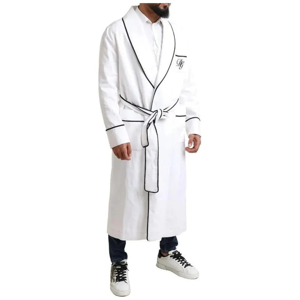 Dolce & Gabbana White Linen Belted Robe DG Logo Sleepwear