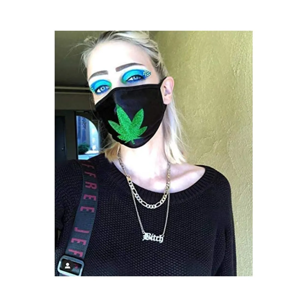 Dope Af Green Glitter Weed Leaf Black Face Mask With Black Trim