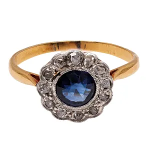 Edwardian Sapphire and Diamond 18k Yellow Gold Platinum Cluster Ring