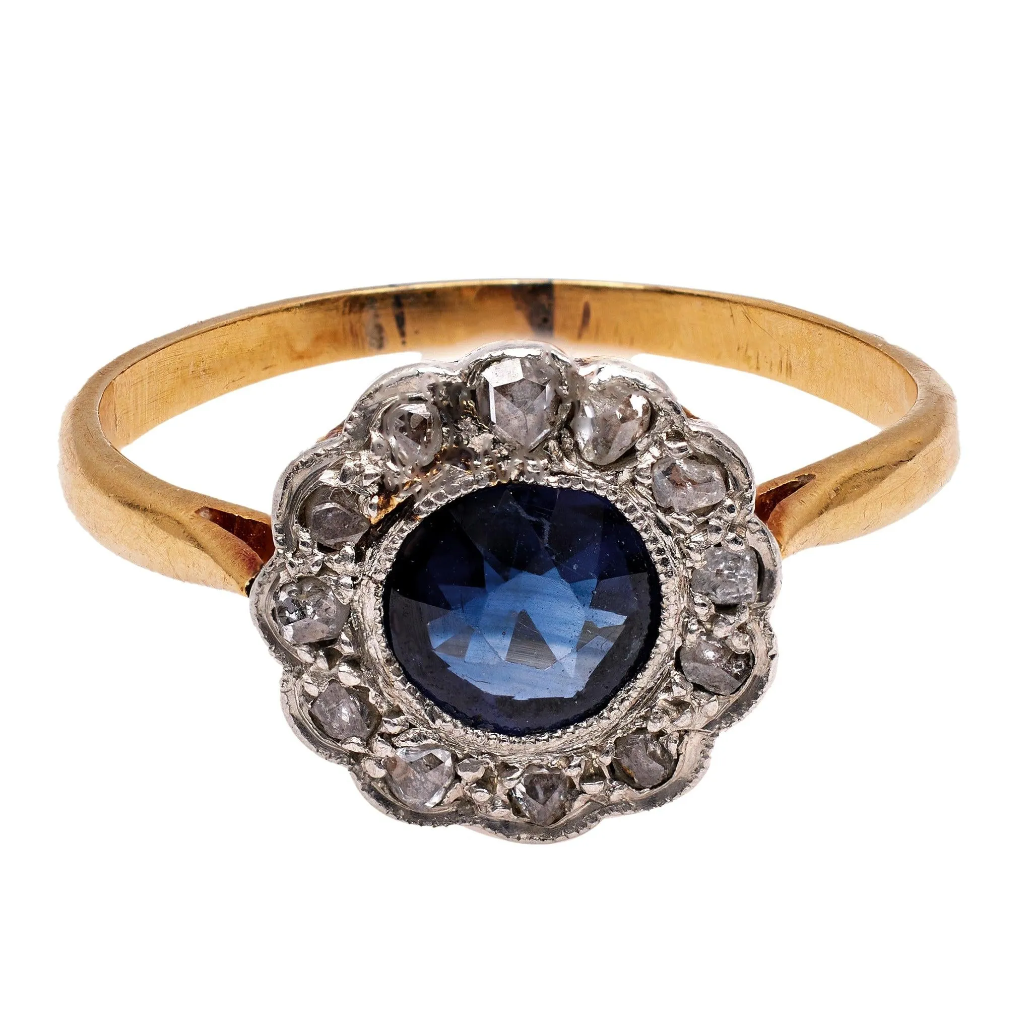 Edwardian Sapphire and Diamond 18k Yellow Gold Platinum Cluster Ring