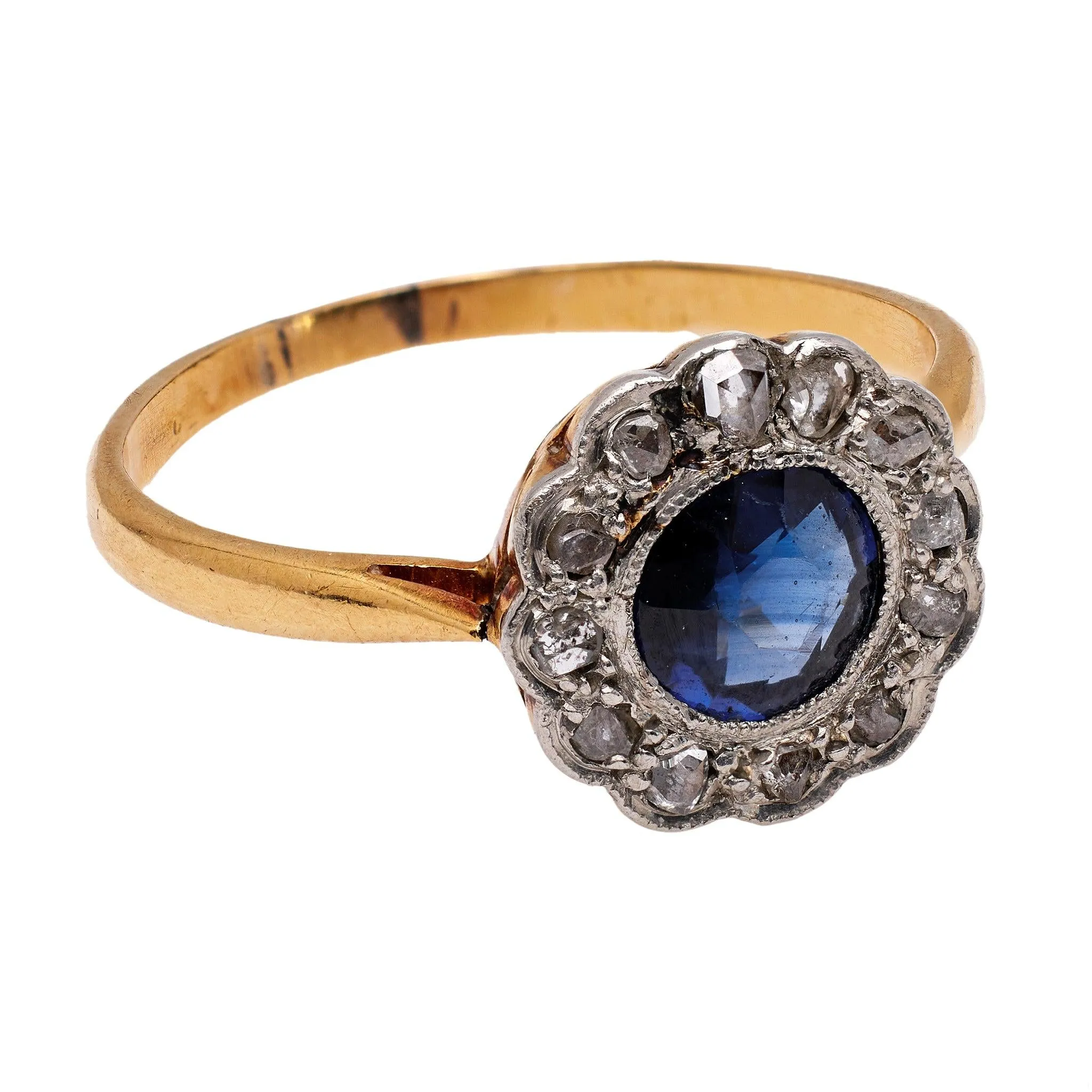 Edwardian Sapphire and Diamond 18k Yellow Gold Platinum Cluster Ring