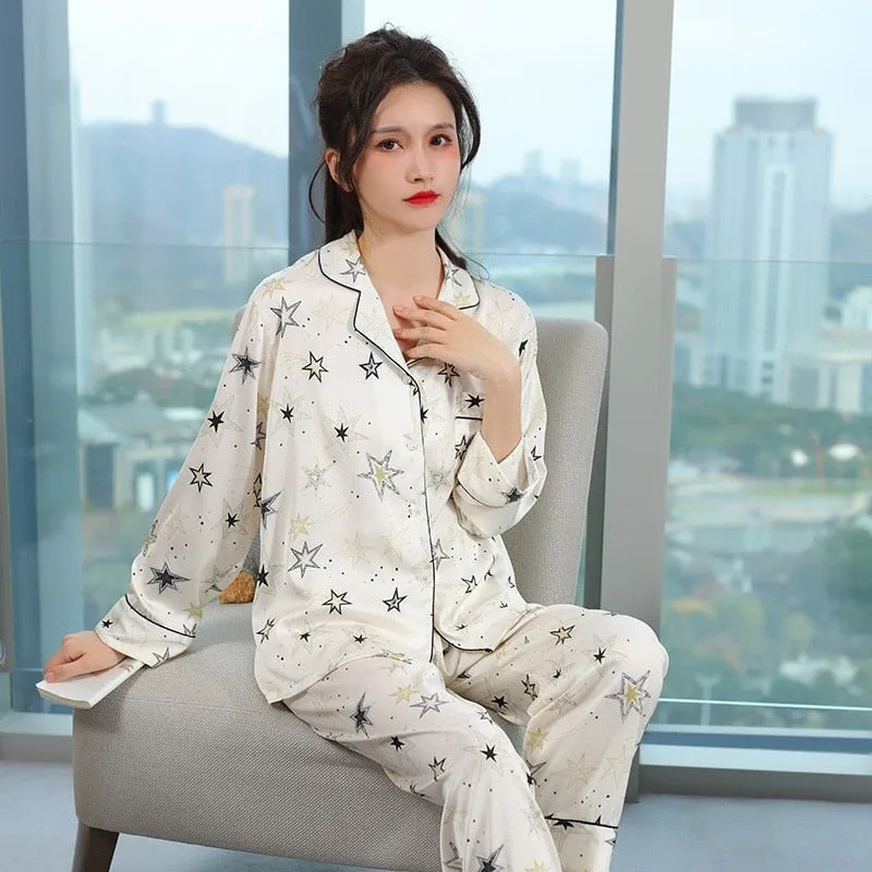 Fashion Women's Imitation Silk Pajamas Spring Autumn Thin Cardigan Long Sleeve Pants Set Star Print Loose Home Clothing