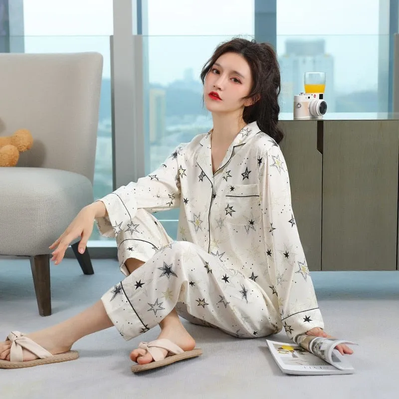 Fashion Women's Imitation Silk Pajamas Spring Autumn Thin Cardigan Long Sleeve Pants Set Star Print Loose Home Clothing