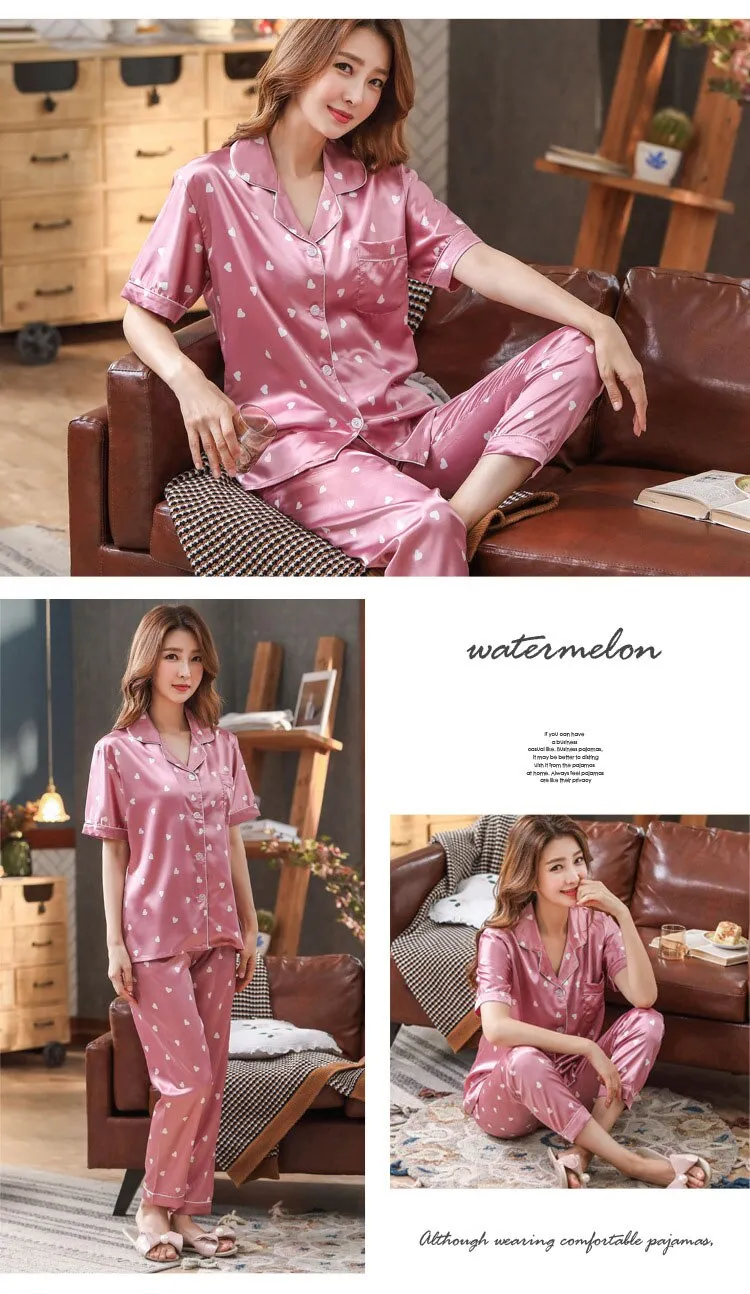 Flourish Woman Silk Pajamas Sets Short Sleeve Sleepwear Two Pieces Set Heart Printed 2021 New Summer Lady Silk lounge Wear Pajamas 227