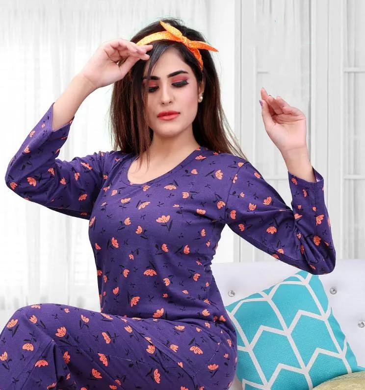 Full Sleeves Dark Purple Printed Long Top Cotton Night Suit