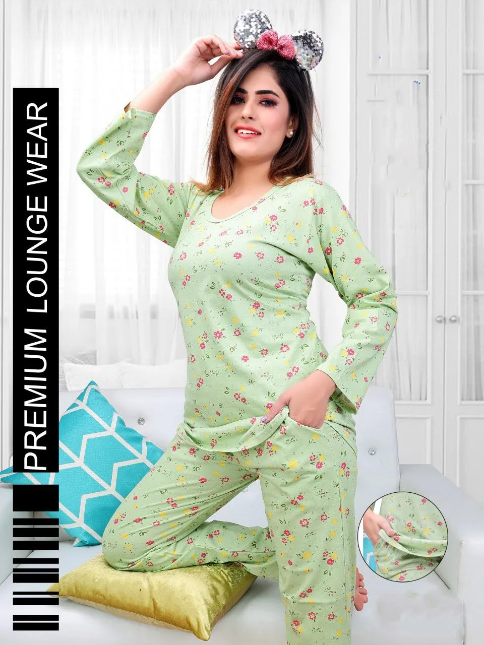 Full Sleeves Green Printed Cotton Night Suit for Women