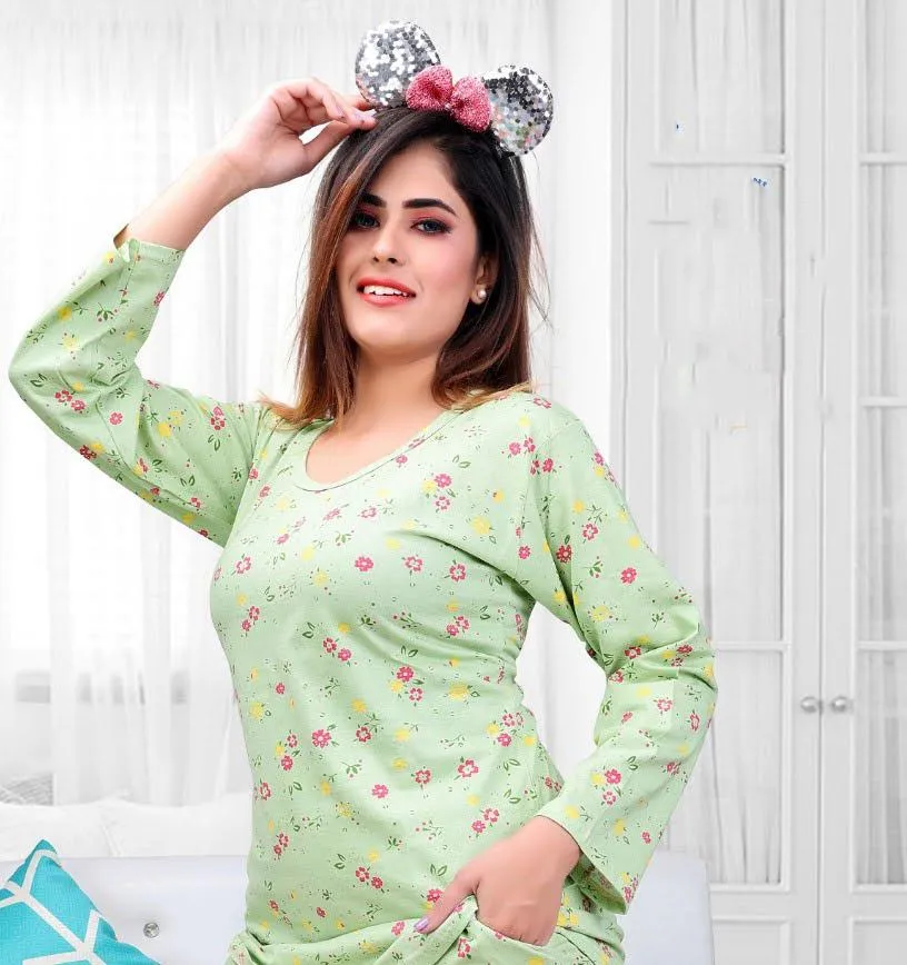 Full Sleeves Green Printed Cotton Night Suit for Women