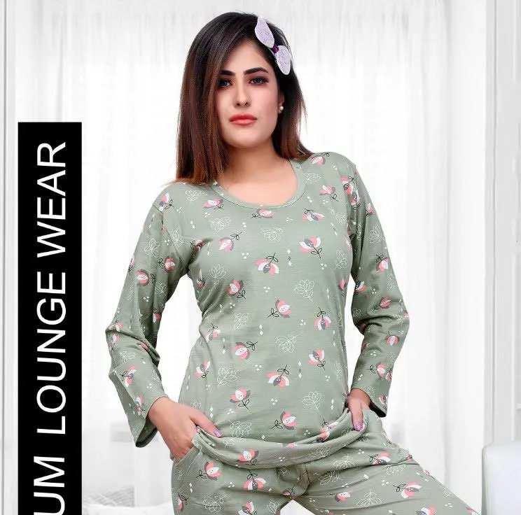 Full Sleeves Green Printed Long Top Cotton Night Suit