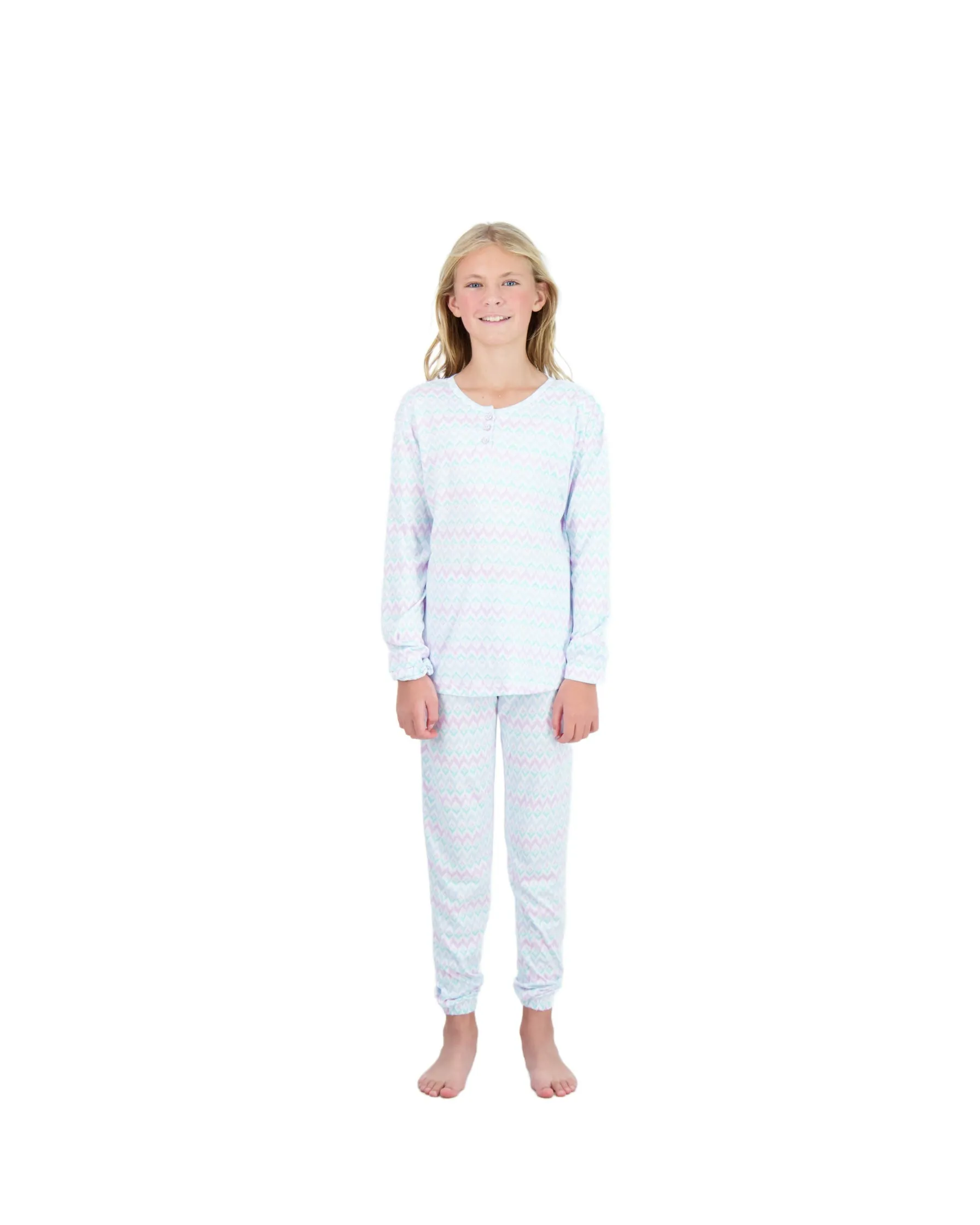 Girls 2-Piece Hacci Pajama Set- Chevron, Multicolored Pajama Set for Girls with Matching Scrunchie