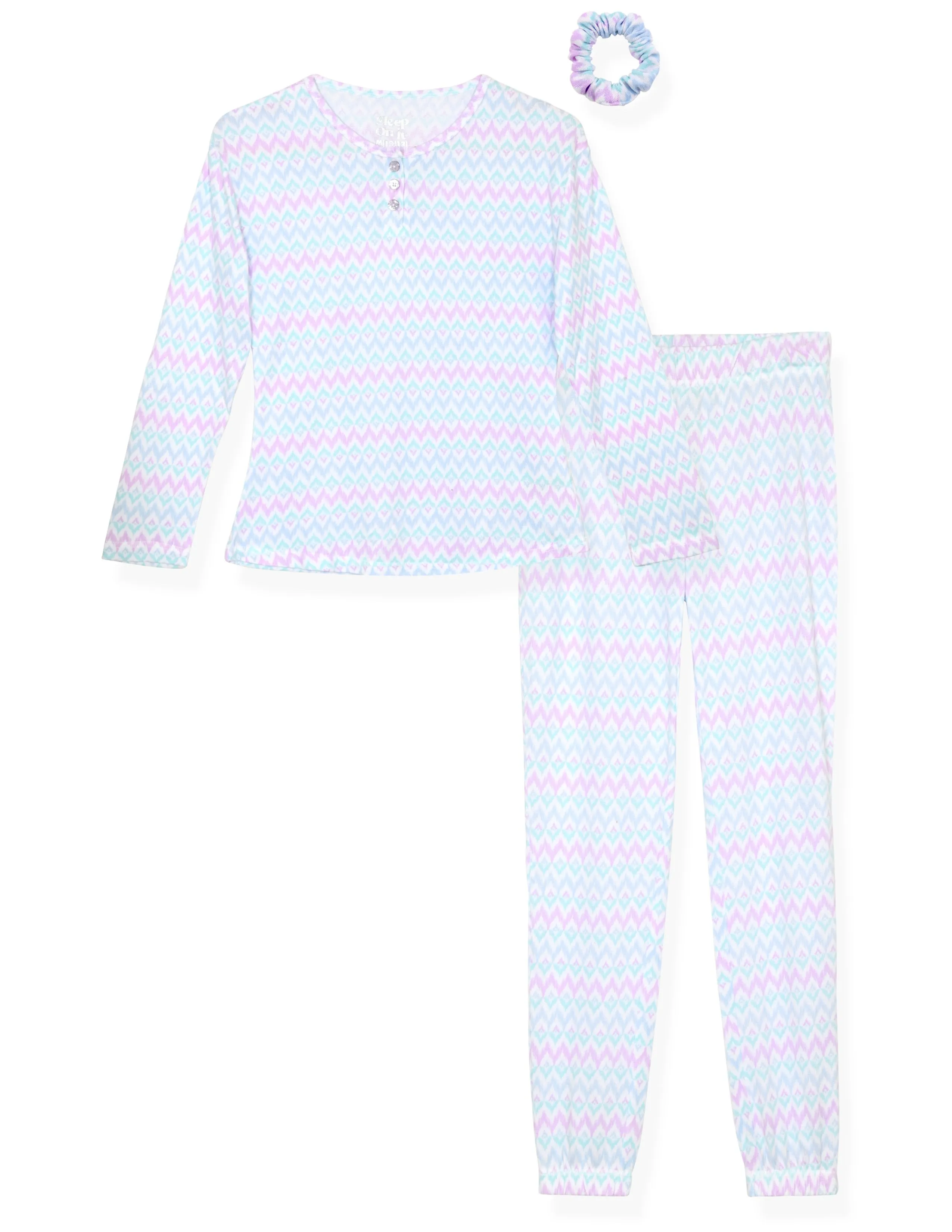 Girls 2-Piece Hacci Pajama Set- Chevron, Multicolored Pajama Set for Girls with Matching Scrunchie