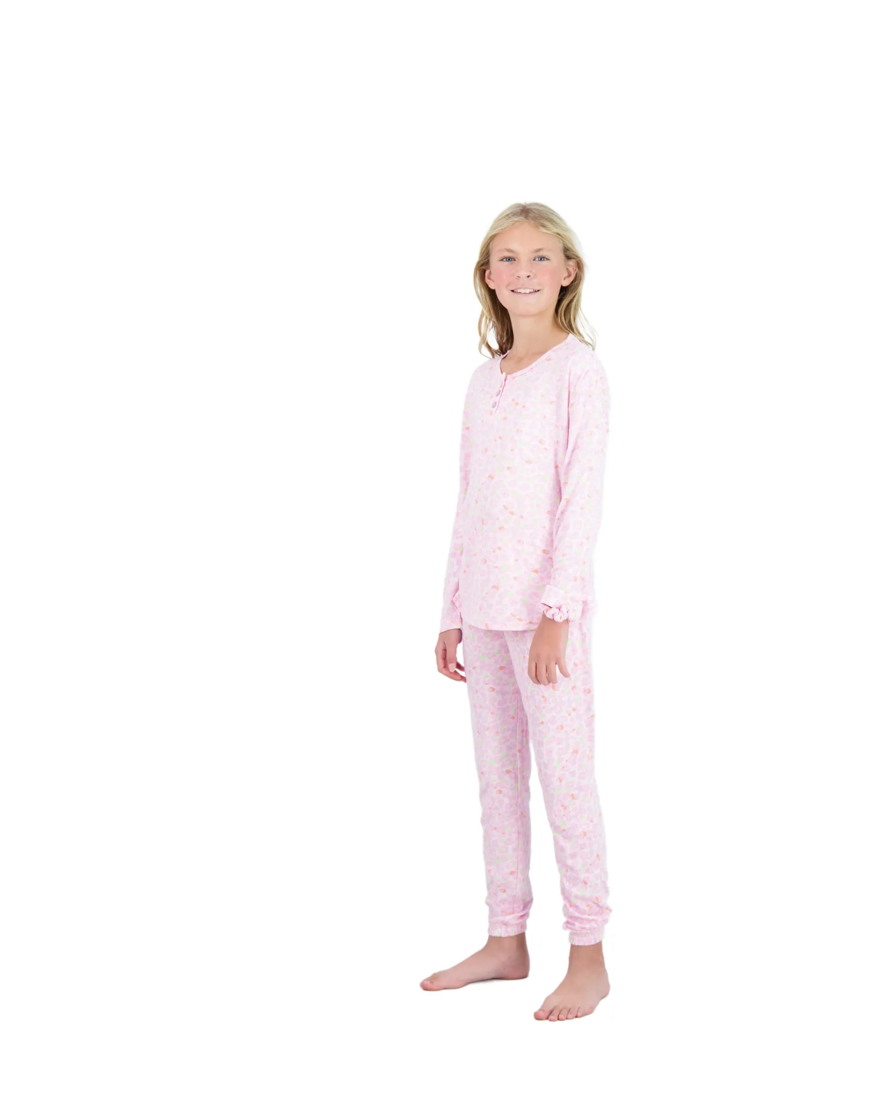 Girls 2-Piece Hacci Pajama Set- Leopard, Pink Pajama Set for Girls with Matching Scrunchie