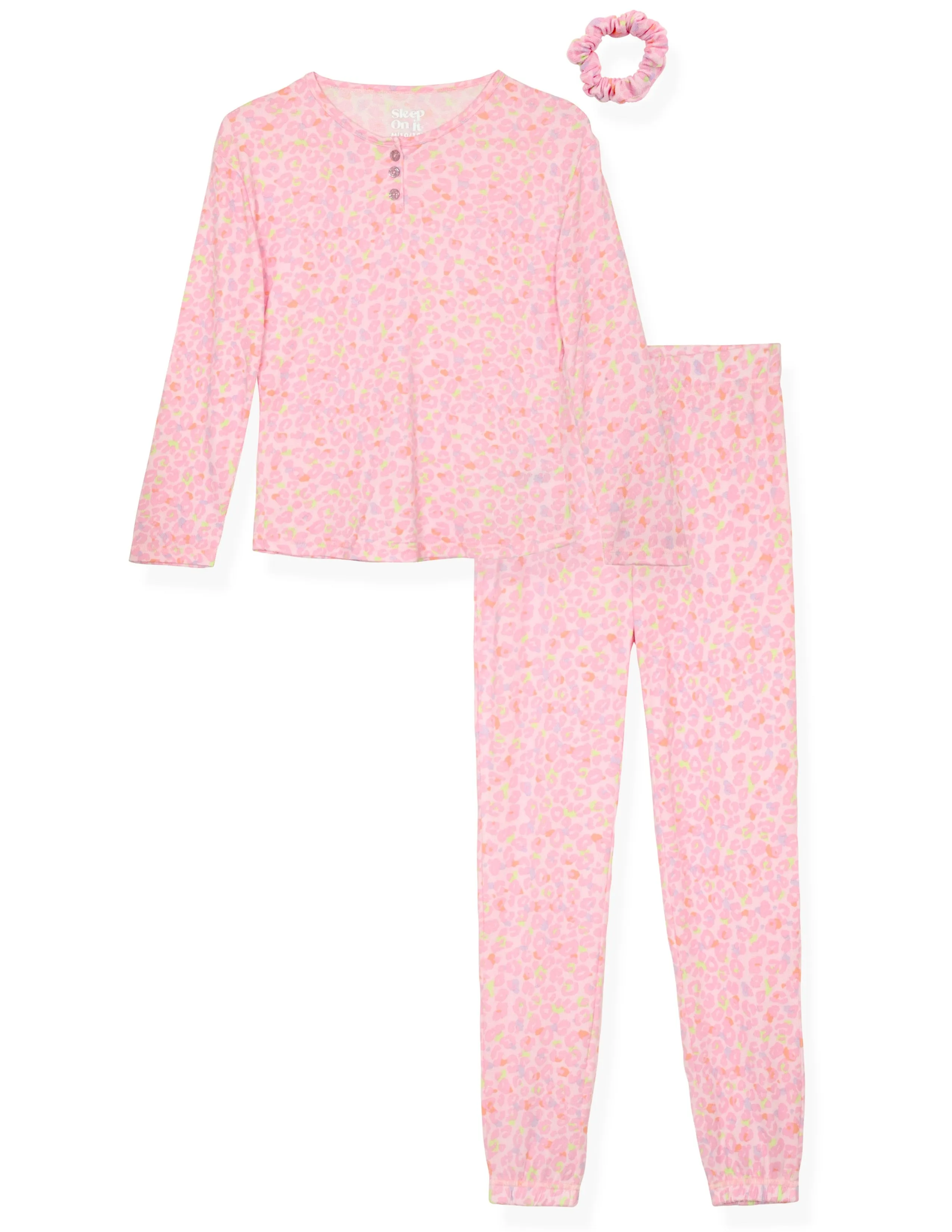 Girls 2-Piece Hacci Pajama Set- Leopard, Pink Pajama Set for Girls with Matching Scrunchie