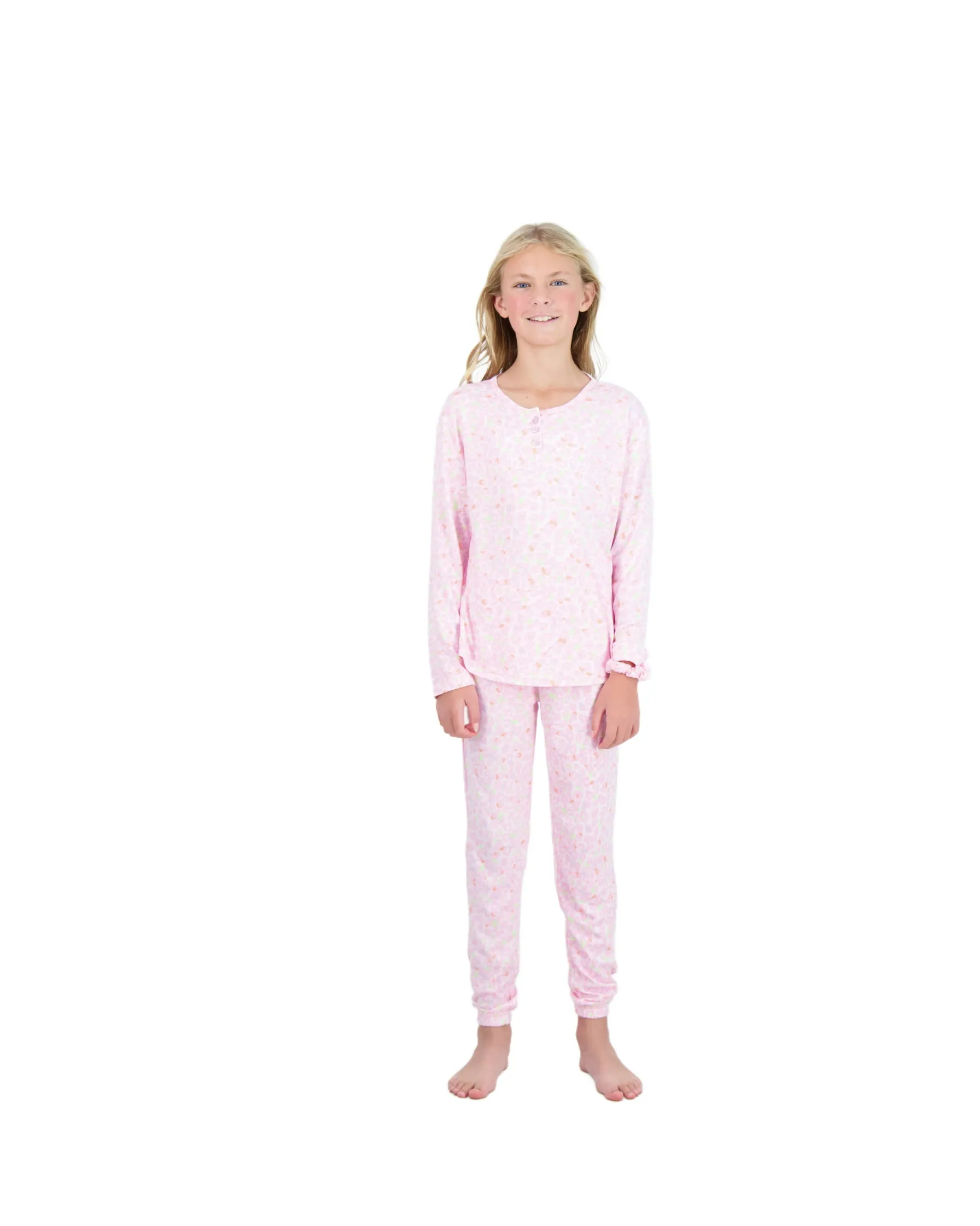 Girls 2-Piece Hacci Pajama Set- Leopard, Pink Pajama Set for Girls with Matching Scrunchie