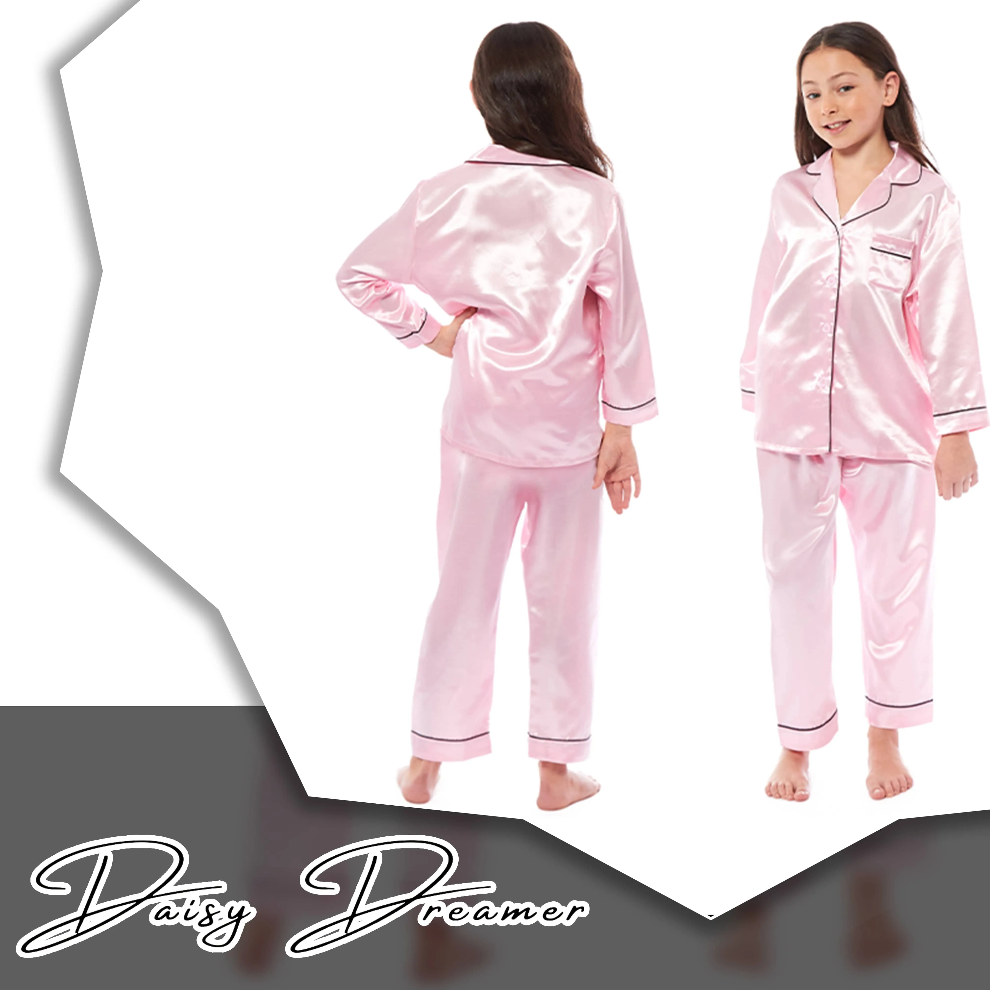 Girls Satin Silk Long Sleeve Pyjama Set Elegant Loungewear Cosy Nightwear Button-Down Shirt Loose-Fit Pants Black Pink Grey Sizes 5-14 by Daisy Dreamer