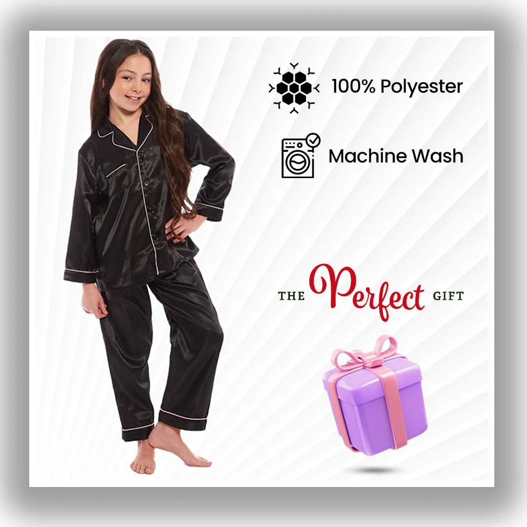 Girls Satin Silk Long Sleeve Pyjama Set Elegant Loungewear Cosy Nightwear Button-Down Shirt Loose-Fit Pants Black Pink Grey Sizes 5-14 by Daisy Dreamer