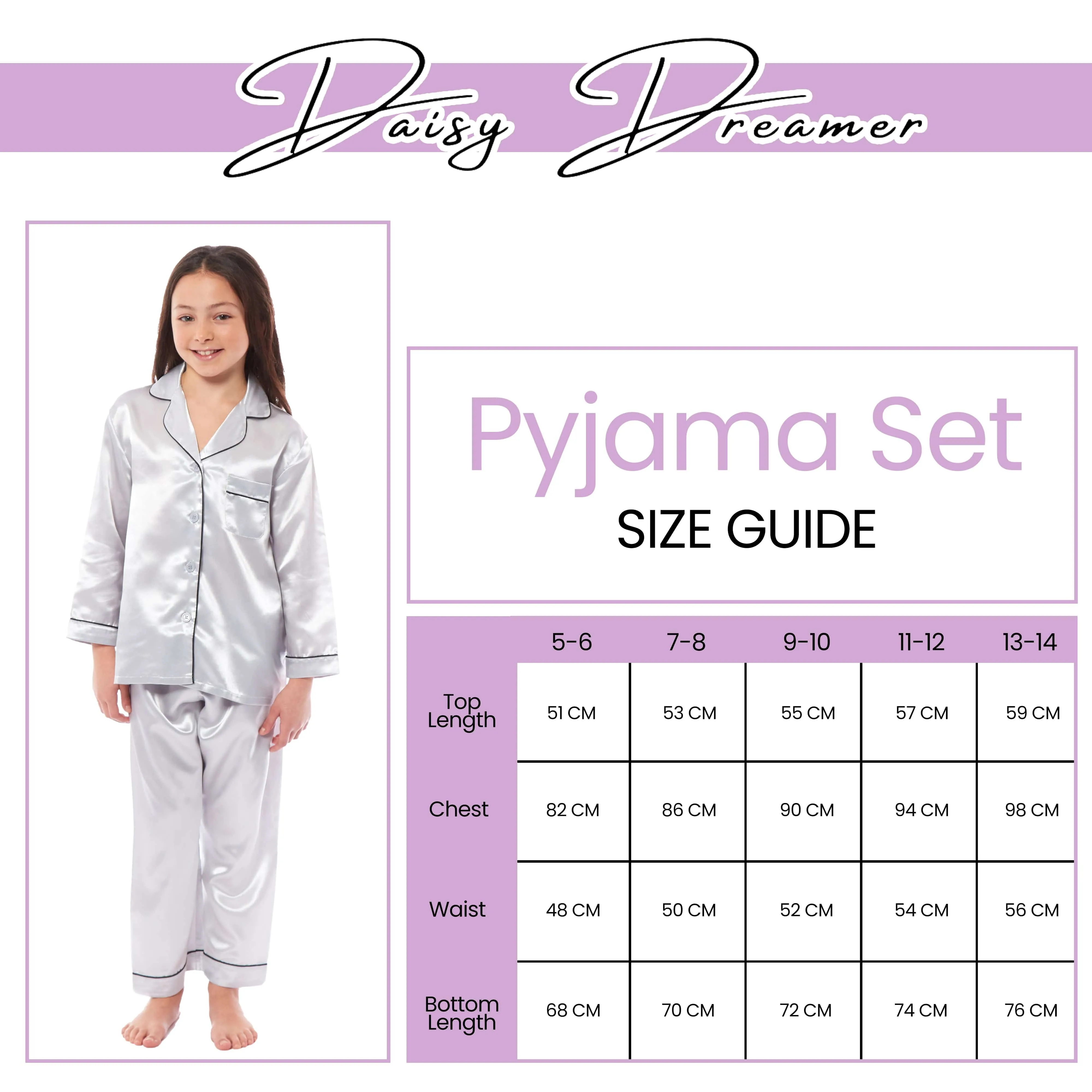 Girls Satin Silk Long Sleeve Pyjama Set Elegant Loungewear Cosy Nightwear Button-Down Shirt Loose-Fit Pants Black Pink Grey Sizes 5-14 by Daisy Dreamer