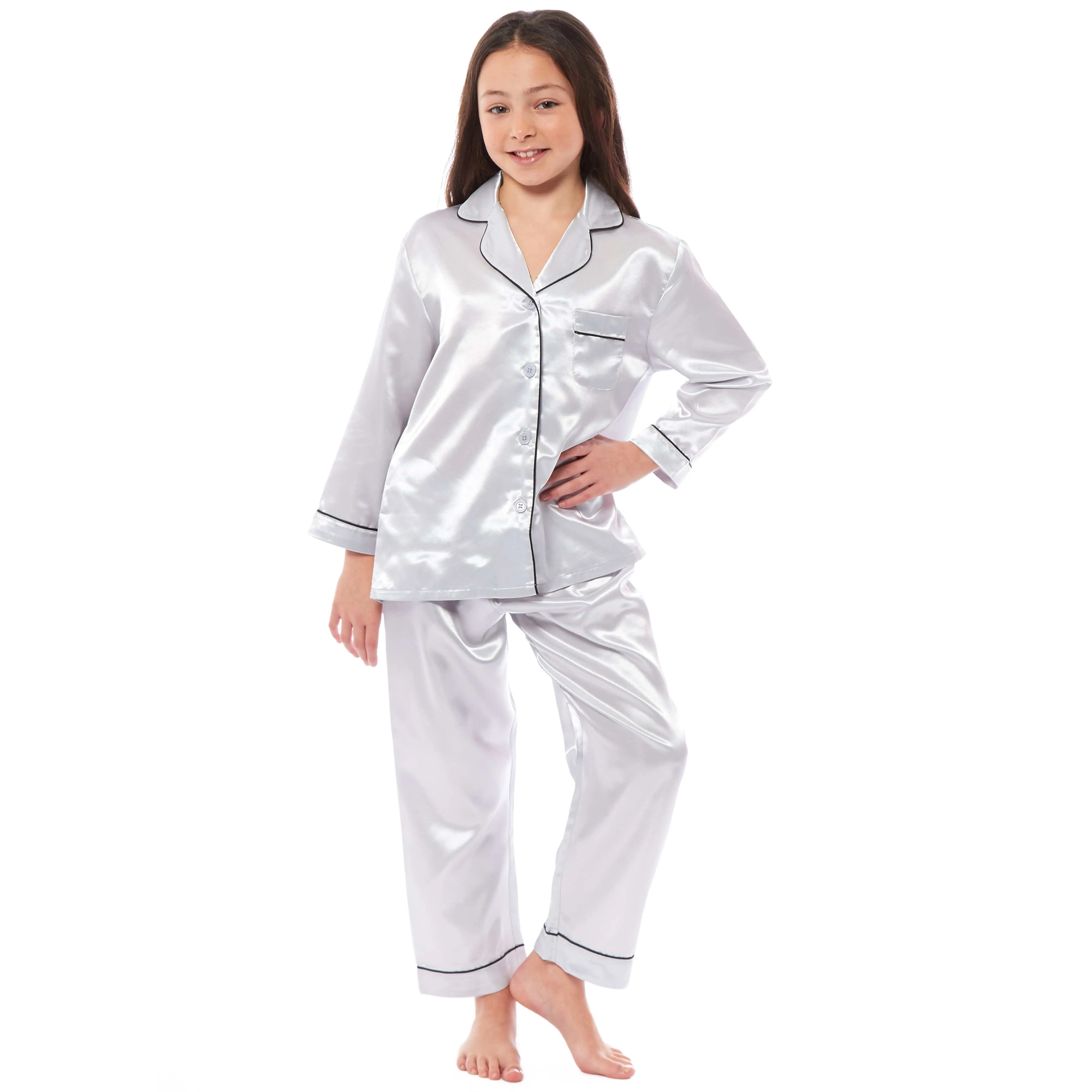 Girls Satin Silk Long Sleeve Pyjama Set Elegant Loungewear Cosy Nightwear Button-Down Shirt Loose-Fit Pants Black Pink Grey Sizes 5-14 by Daisy Dreamer