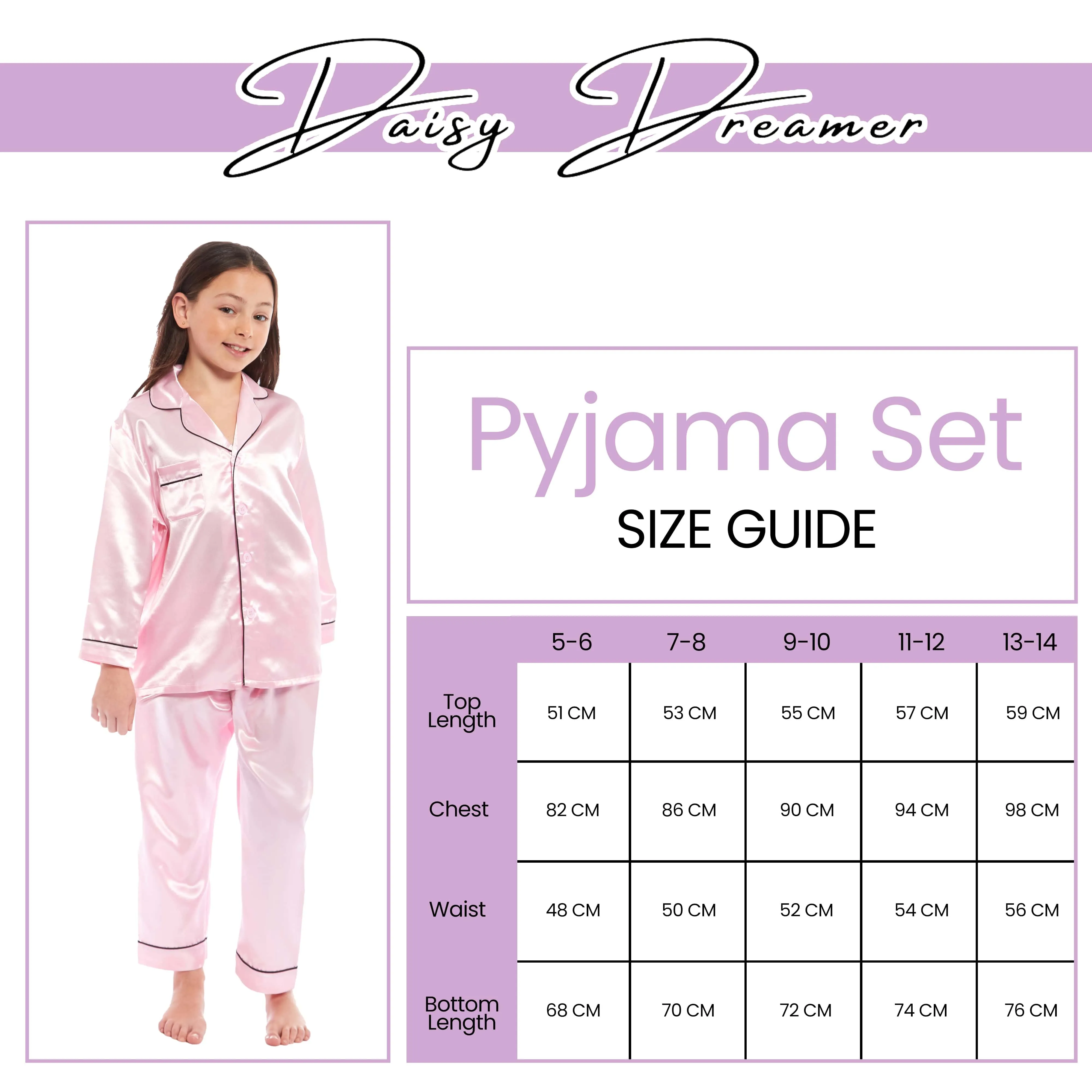 Girls Satin Silk Long Sleeve Pyjama Set Elegant Loungewear Cosy Nightwear Button-Down Shirt Loose-Fit Pants Black Pink Grey Sizes 5-14 by Daisy Dreamer