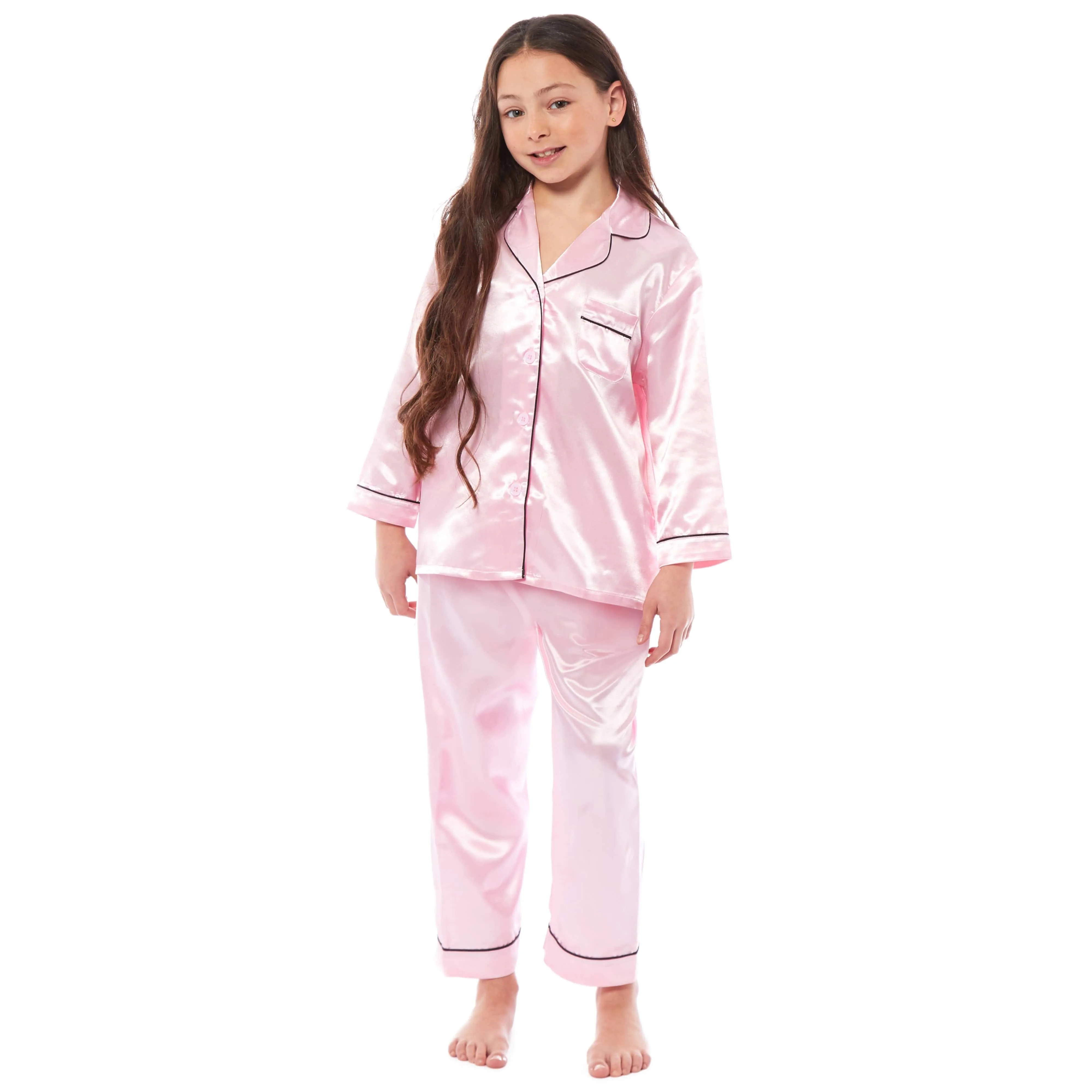 Girls Satin Silk Long Sleeve Pyjama Set Elegant Loungewear Cosy Nightwear Button-Down Shirt Loose-Fit Pants Black Pink Grey Sizes 5-14 by Daisy Dreamer