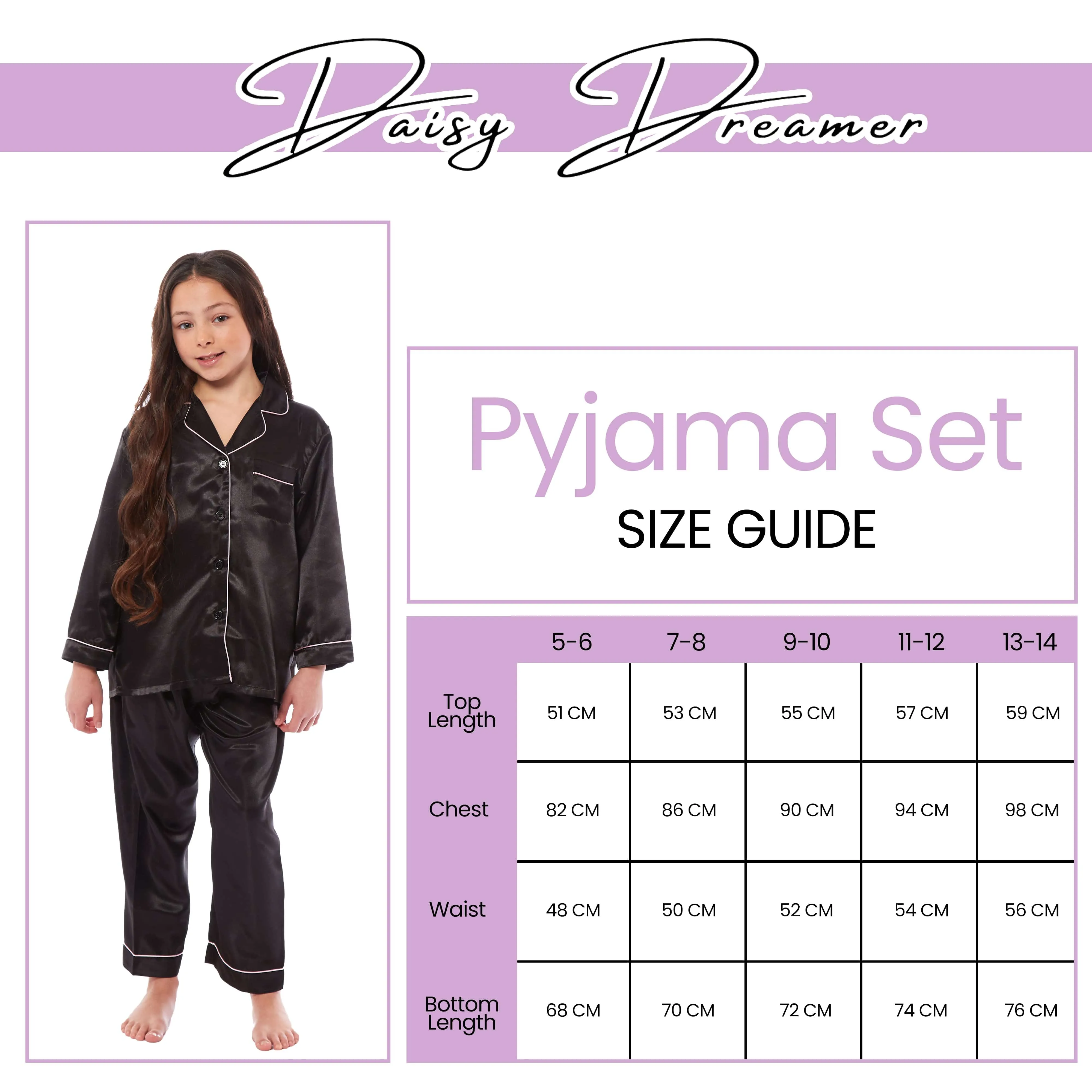 Girls Satin Silk Long Sleeve Pyjama Set Elegant Loungewear Cosy Nightwear Button-Down Shirt Loose-Fit Pants Black Pink Grey Sizes 5-14 by Daisy Dreamer