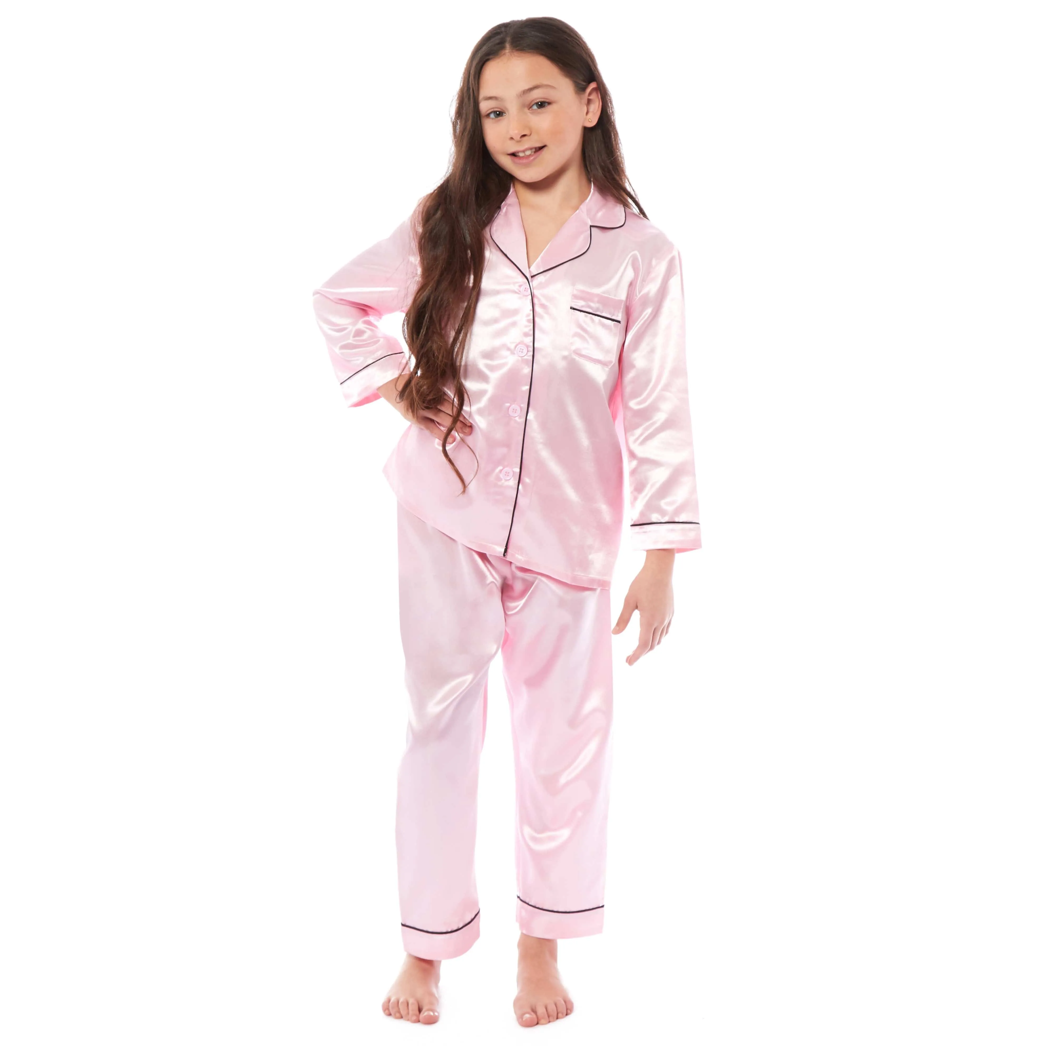 Girls Satin Silk Long Sleeve Pyjama Set Elegant Loungewear Cosy Nightwear Button-Down Shirt Loose-Fit Pants Black Pink Grey Sizes 5-14 by Daisy Dreamer