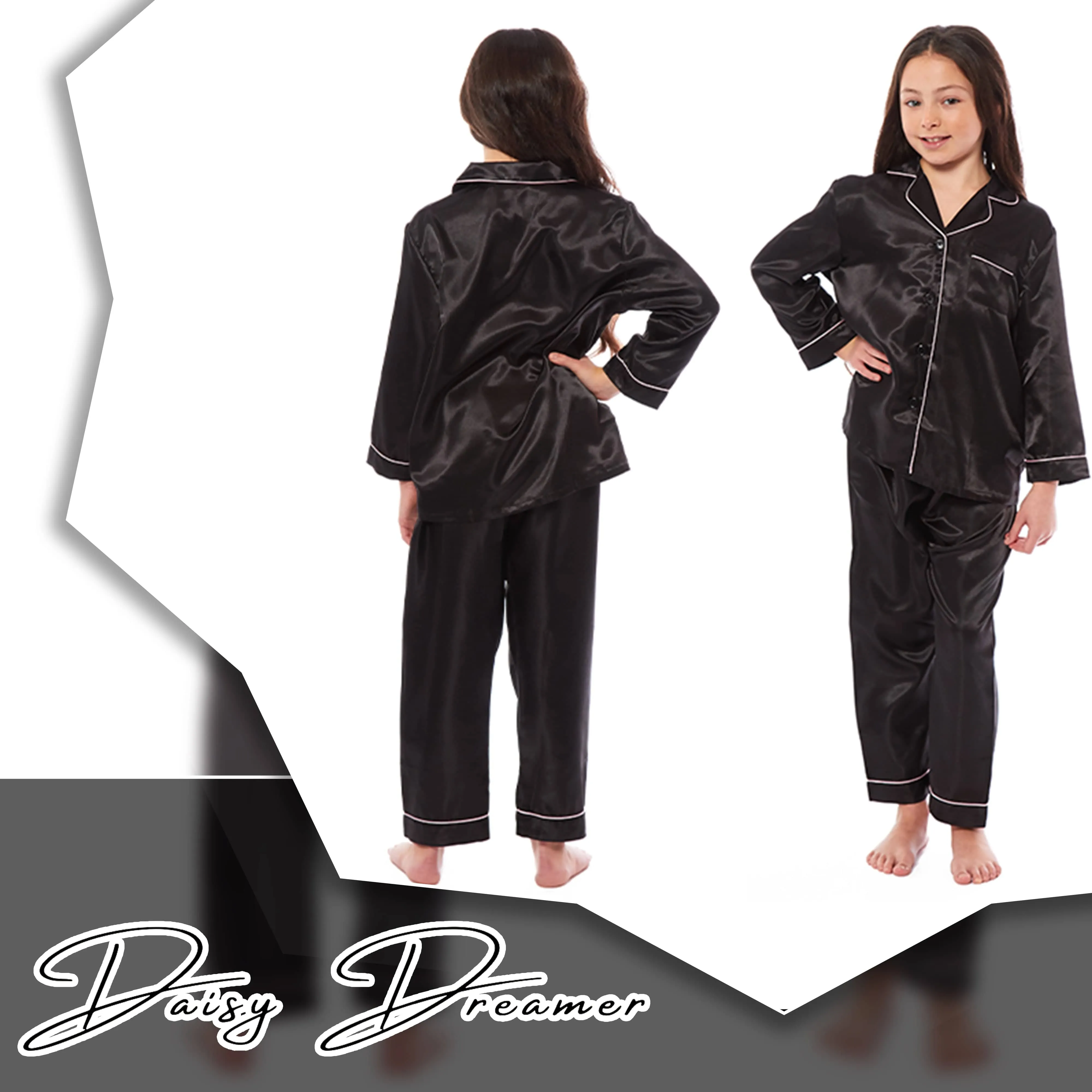 Girls Satin Silk Long Sleeve Pyjama Set Elegant Loungewear Cosy Nightwear Button-Down Shirt Loose-Fit Pants Black Pink Grey Sizes 5-14 by Daisy Dreamer