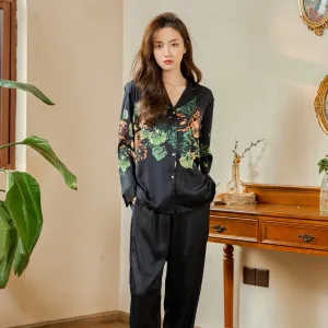 High Quality Luxury Women's Pajamas Flower Print Silk Like Sleepwear Two Piece Set Casual Breathable Leisure Homewear